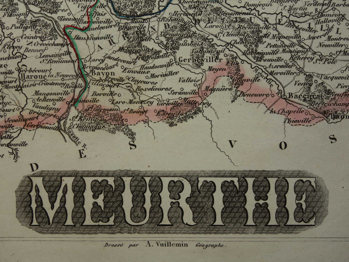 Oude kaart van Meurthe departement in Frankrijk uit 1851 originele antieke landkaart Nancy Lunéville Pont-à-Mousson historische kaarten
