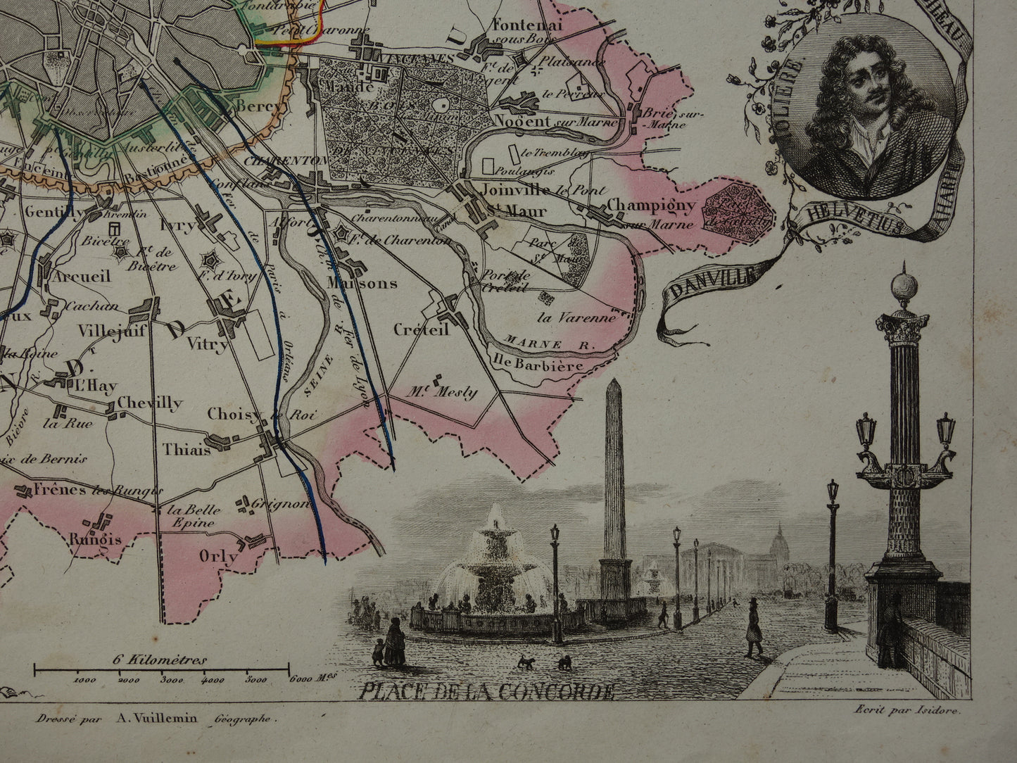 Vintage kaart van Parijs en omgeving Originele antieke plattegrond Seine departement Oude kaarten Parijs in 1851