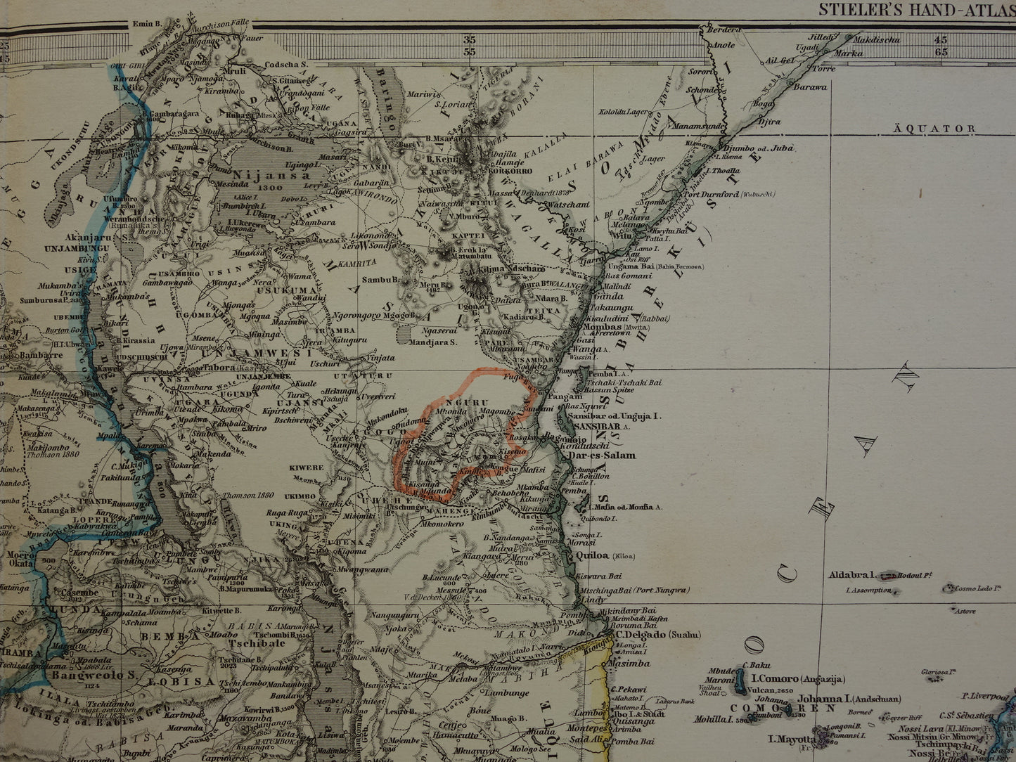 Antieke landkaart van Afrika in 1885 Grote originele 135+ jaar oude kaart van Zuid-Afrika Madagaskar Angola Namibië Botswana Tanzania Congo Mozambique Zambia Route Livingstone Andersson