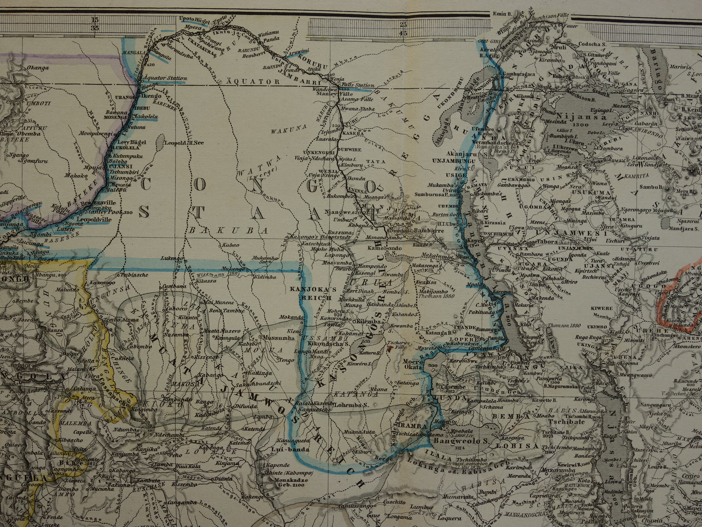 Antieke landkaart van Afrika in 1885 Grote originele 135+ jaar oude kaart van Zuid-Afrika Madagaskar Angola Namibië Botswana Tanzania Congo Mozambique Zambia Route Livingstone Andersson