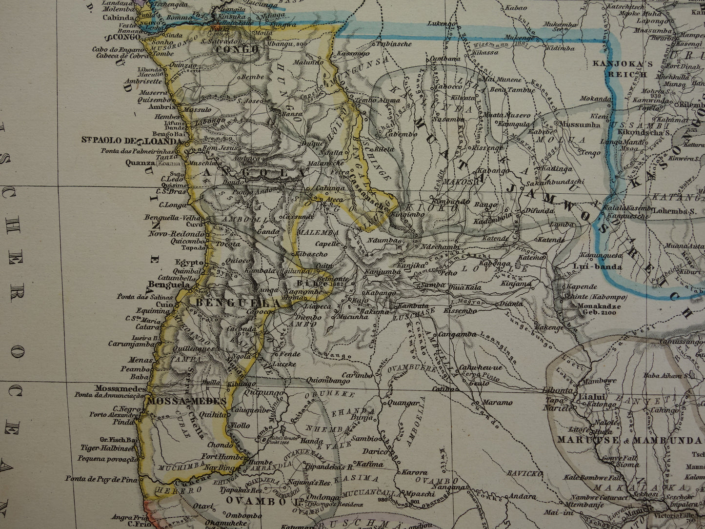 Antieke landkaart van Afrika in 1885 Grote originele 135+ jaar oude kaart van Zuid-Afrika Madagaskar Angola Namibië Botswana Tanzania Congo Mozambique Zambia Route Livingstone Andersson