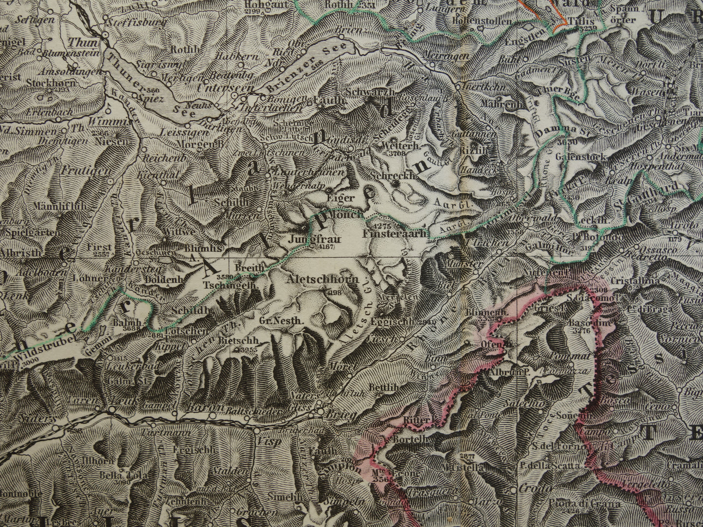 Oude landkaart van Zwitserland uit 1885 Gedetailleerde handgekleurde kaart met jaartal Origineel antiek