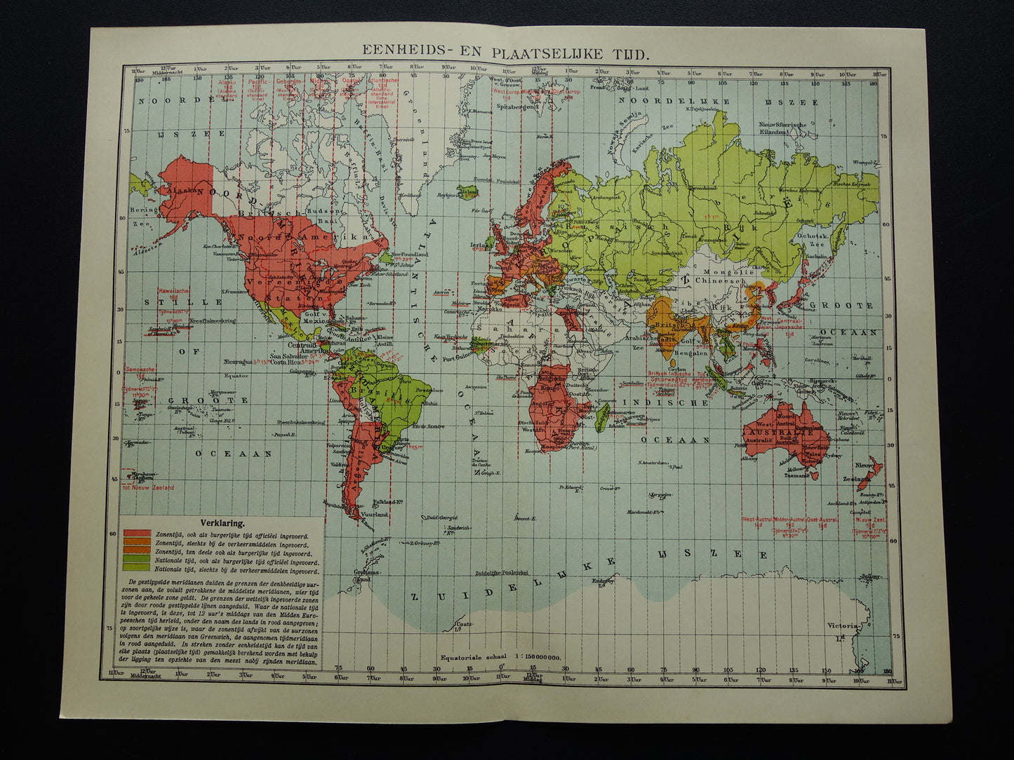 WERELDKAART oude kaart van de wereld met tijdzones 1907 originele antieke Nederlandse landkaart historische kaarten wintertijd zomertijd