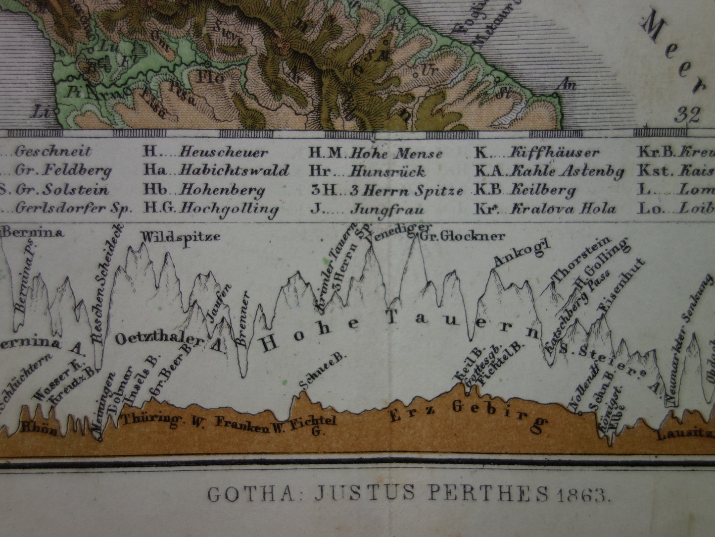 DUITSLAND oude kaart van Centraal Europa en Duitsland in 1863 originele antieke hoogtekaart Alpen Bergen Rivieren Geologie met jaartal te koop