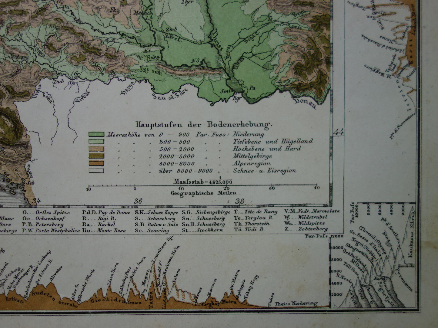 DUITSLAND oude kaart van Centraal Europa en Duitsland in 1863 originele antieke hoogtekaart Alpen Bergen Rivieren Geologie met jaartal te koop
