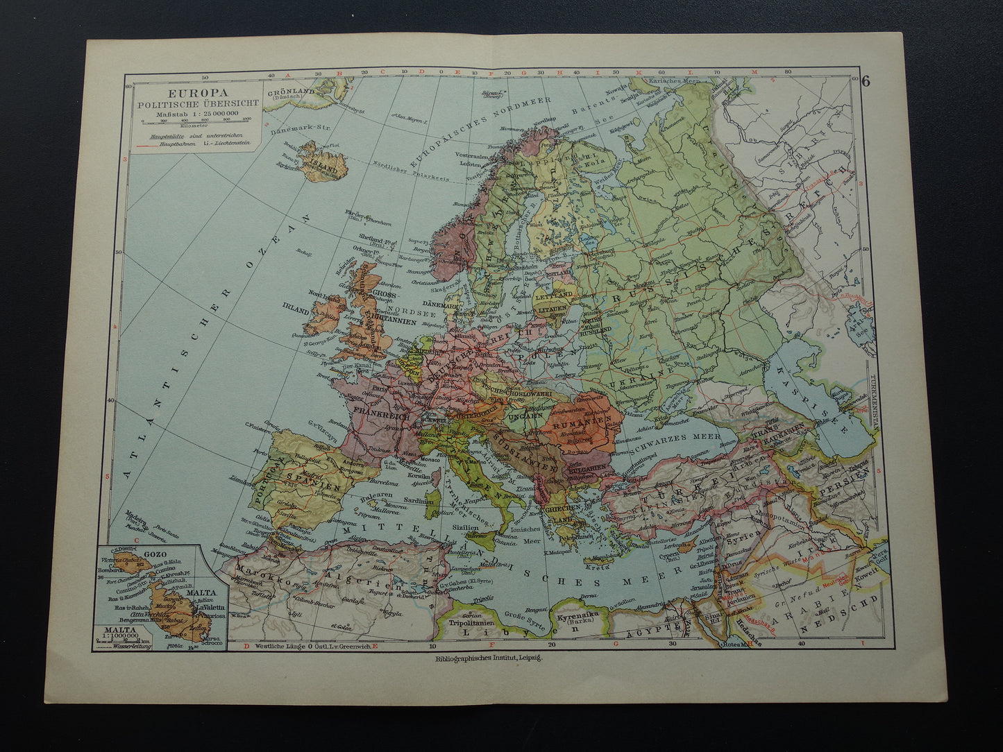 EUROPA Vintage landkaart van Europa uit 1928 originele oude kaart Europa historische kaarten