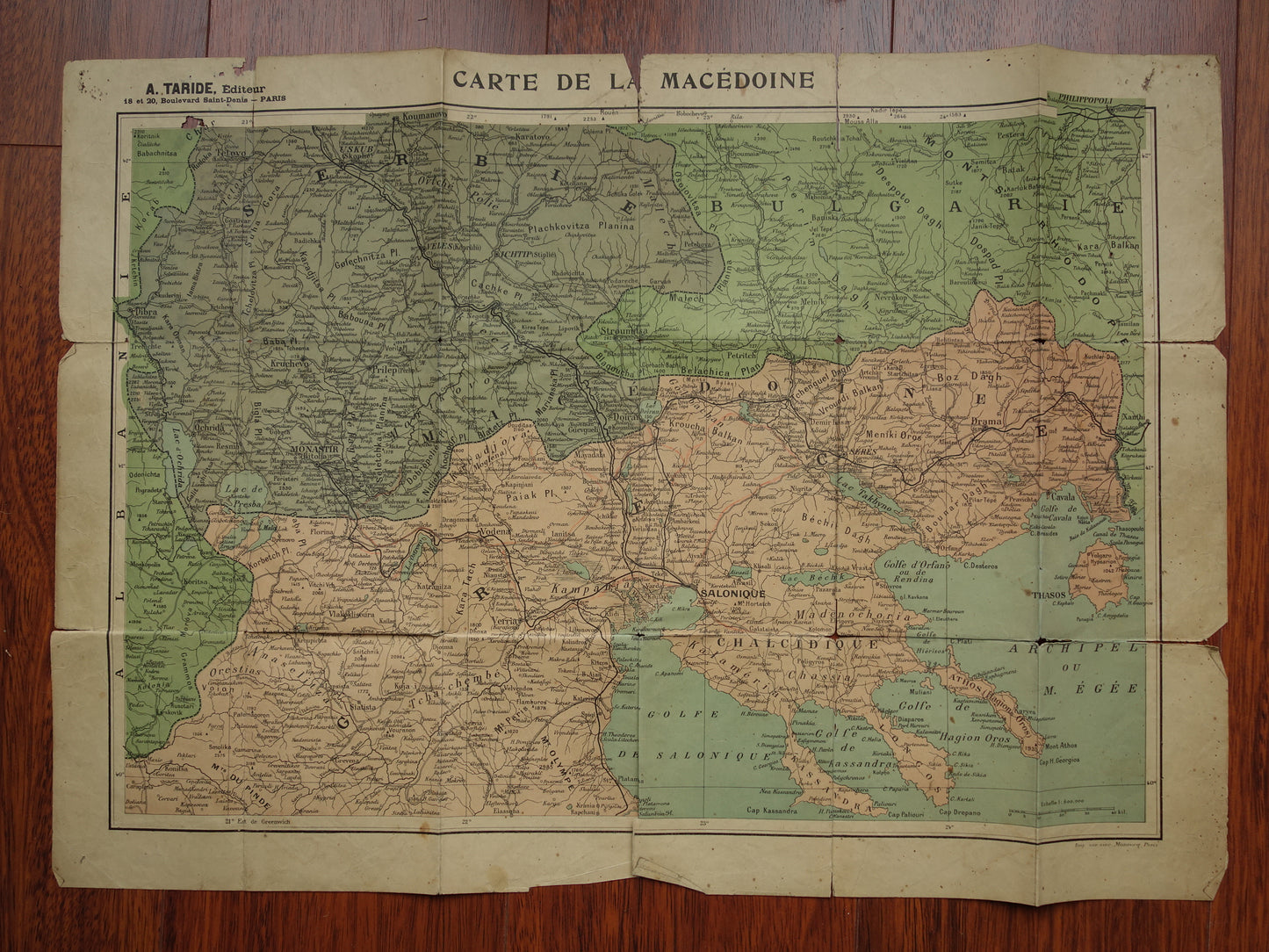 NOORD-MACEDONIE oude landkaart van Griekenland Bulgarije en Noord-Macedonië Grote originele antieke kaart Thessaloniki