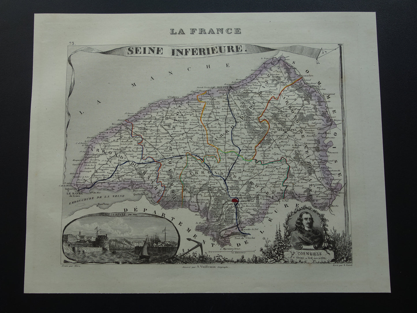 Oude kaart van Seine-Maritime departement in Frankrijk uit 1851 originele antieke landkaart Rouen Le Havre historische kaarten