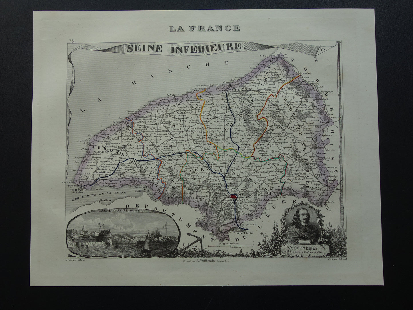 Oude kaart van Seine-Maritime departement in Frankrijk uit 1851 originele antieke landkaart Rouen Le Havre historische kaarten