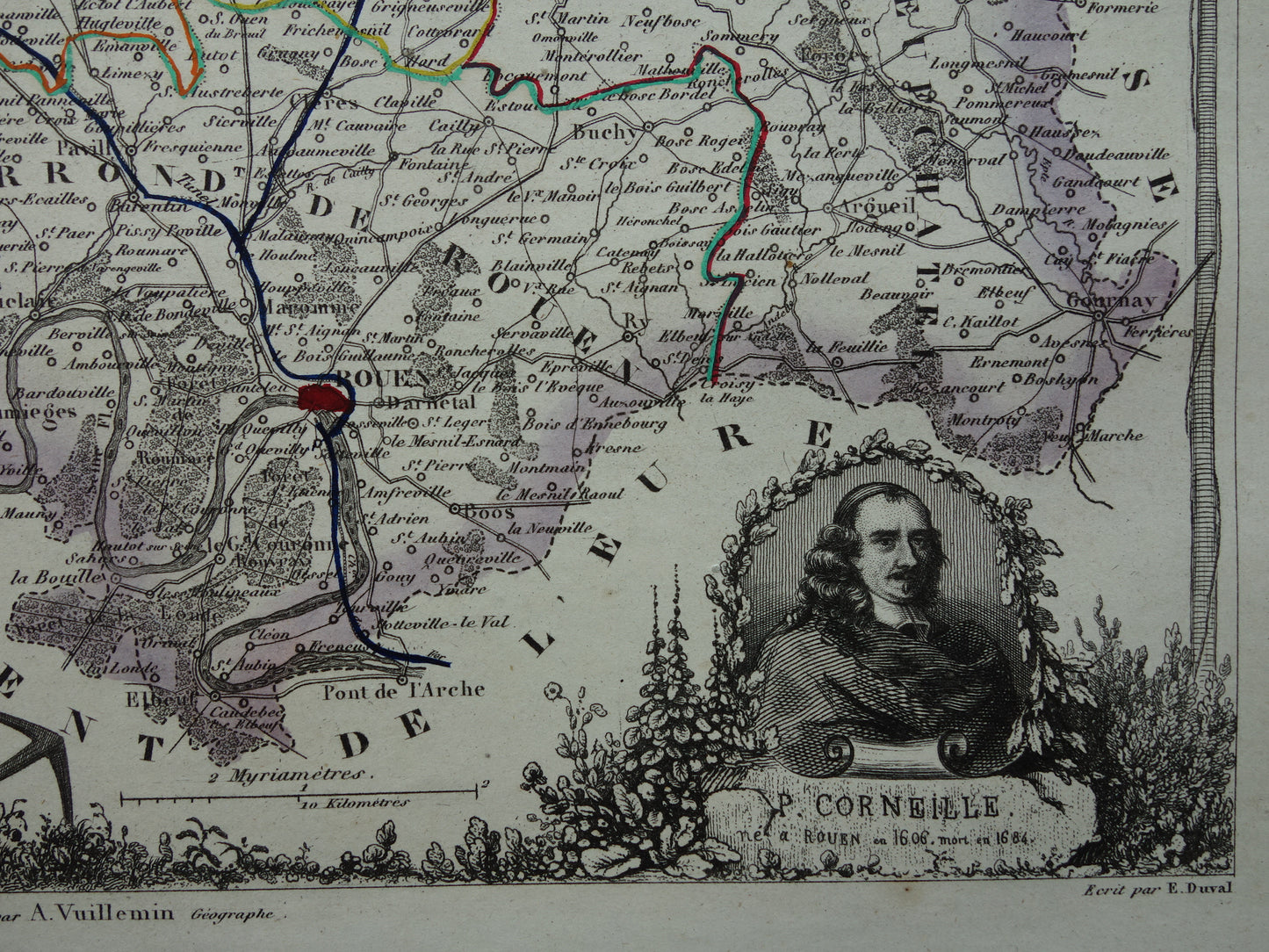 Oude kaart van Seine-Maritime departement in Frankrijk uit 1851 originele antieke landkaart Rouen Le Havre historische kaarten