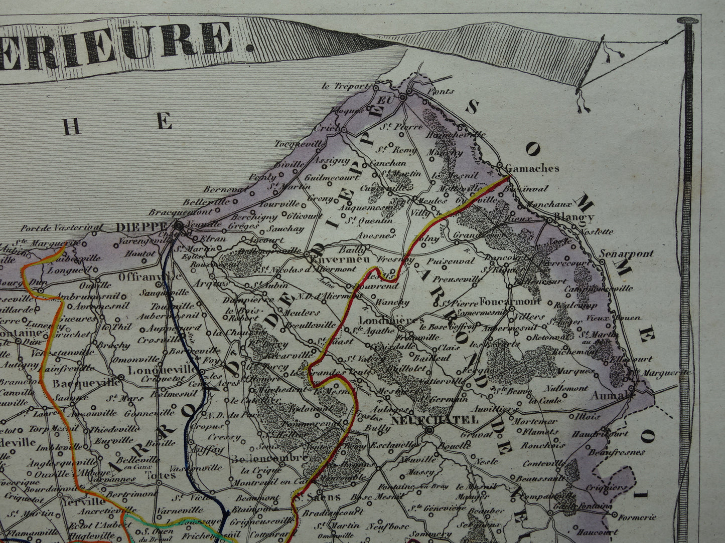 Oude kaart van Seine-Maritime departement in Frankrijk uit 1851 originele antieke landkaart Rouen Le Havre historische kaarten