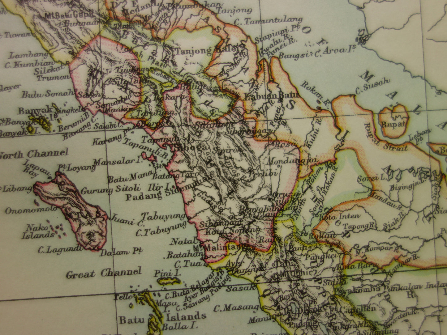 SUMATRA oude kaart van Medan Palembang Padang Indonesië 1887 originele antieke Engelse landkaart