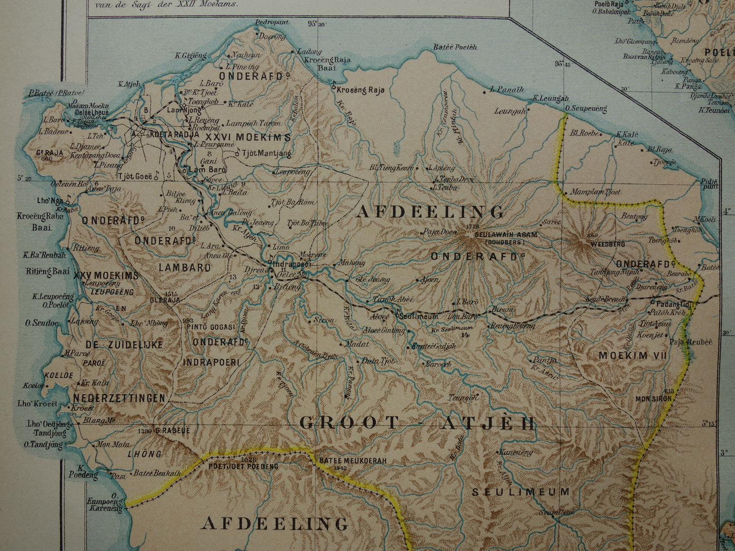 Oude kaart van Atjeh Sumatra Indonesië 1905 originele antieke landkaart Aceh vintage kaarten