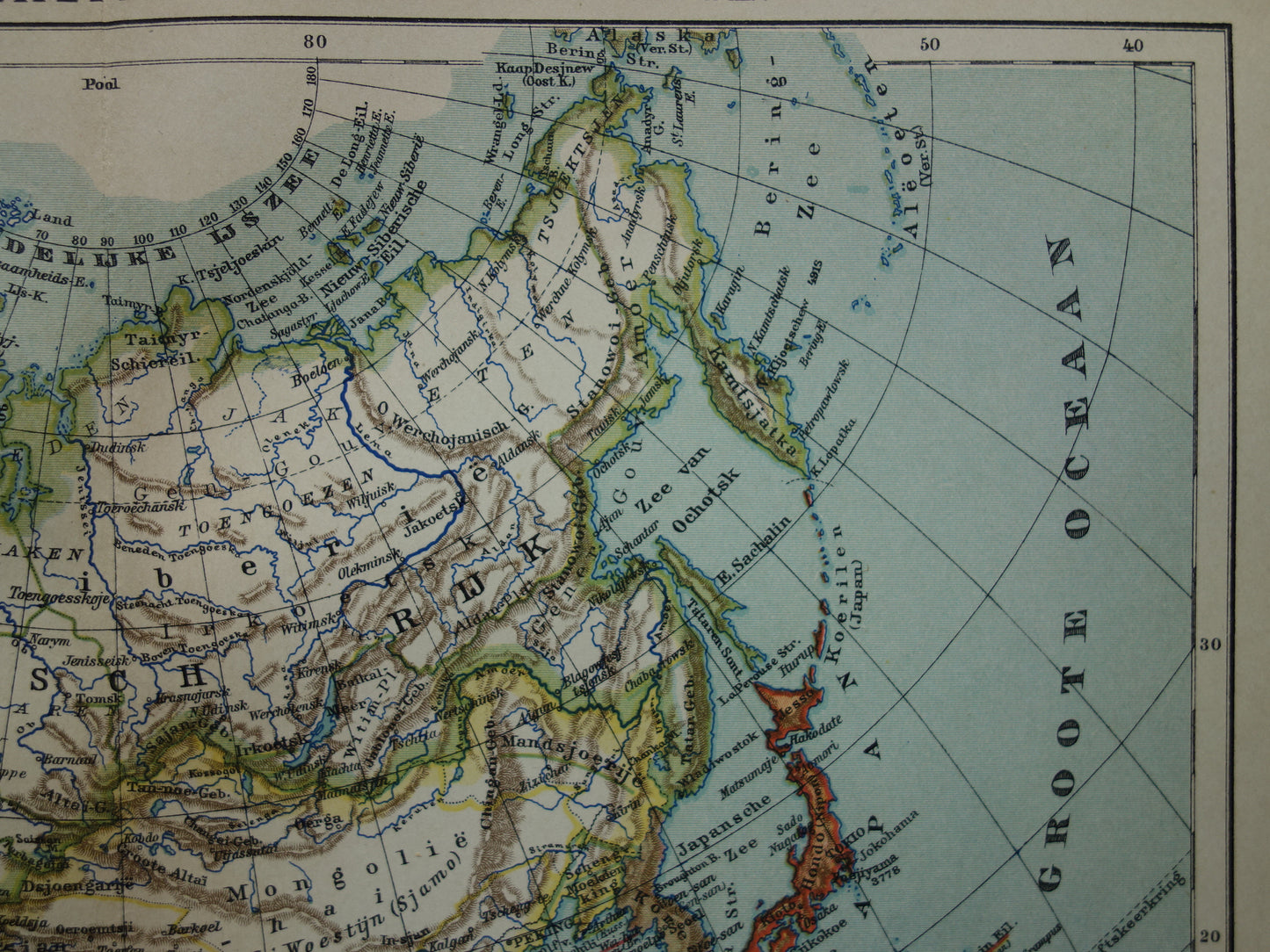 AZIË oude landkaart van continent Azië uit 1905 originele Nederlandse antieke kaart