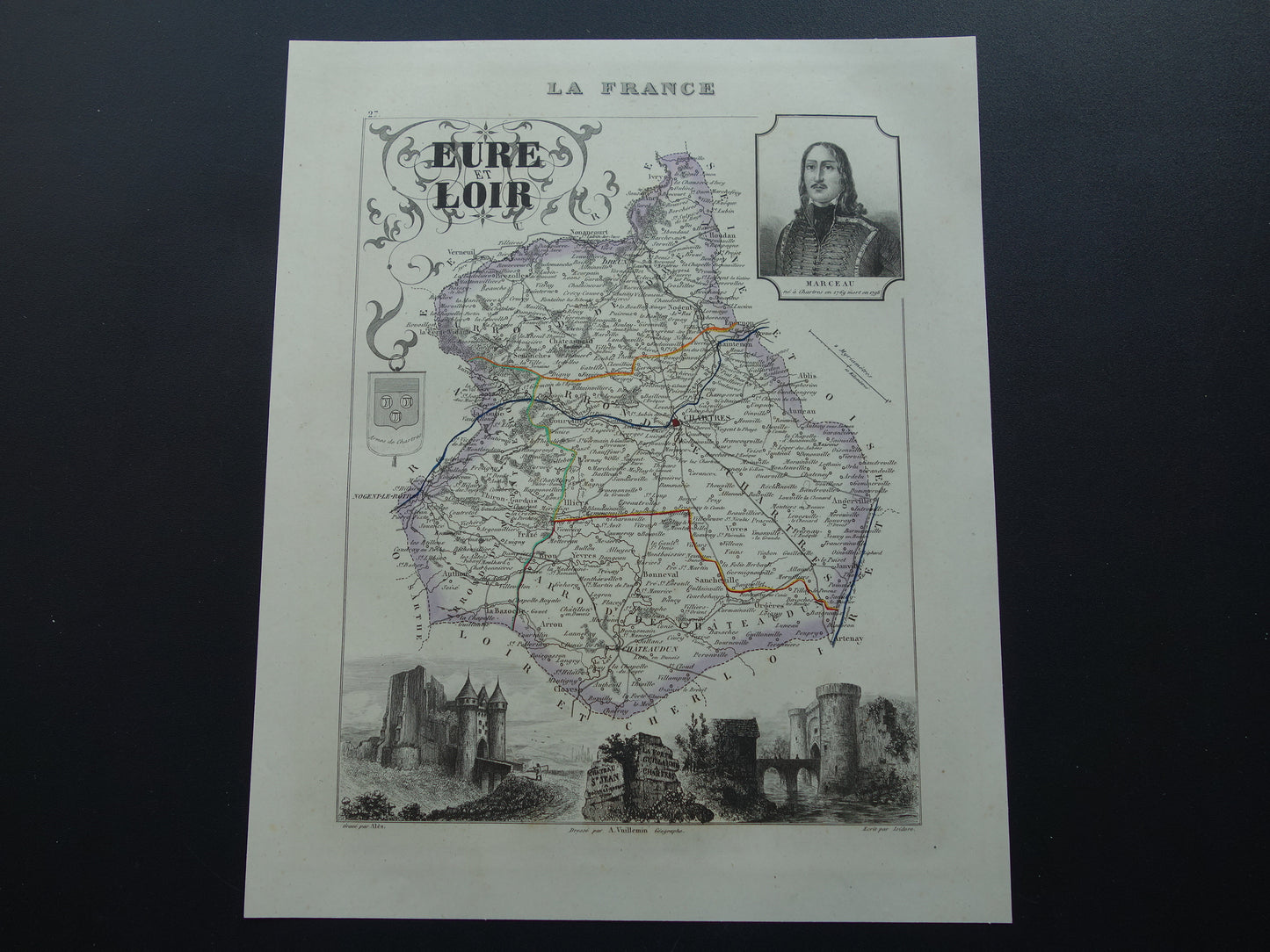 Oude kaart van Eure et Loir departement in Frankrijk uit 1851 originele antieke landkaart Chartres Chateau Saint Jean Nogent-le-Rotrou historische kaarten