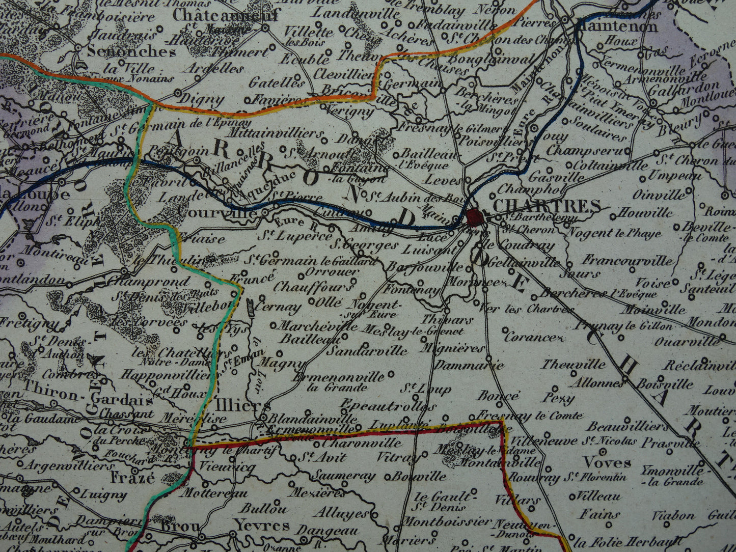 Oude kaart van Eure et Loir departement in Frankrijk uit 1851 originele antieke landkaart Chartres Chateau Saint Jean Nogent-le-Rotrou historische kaarten