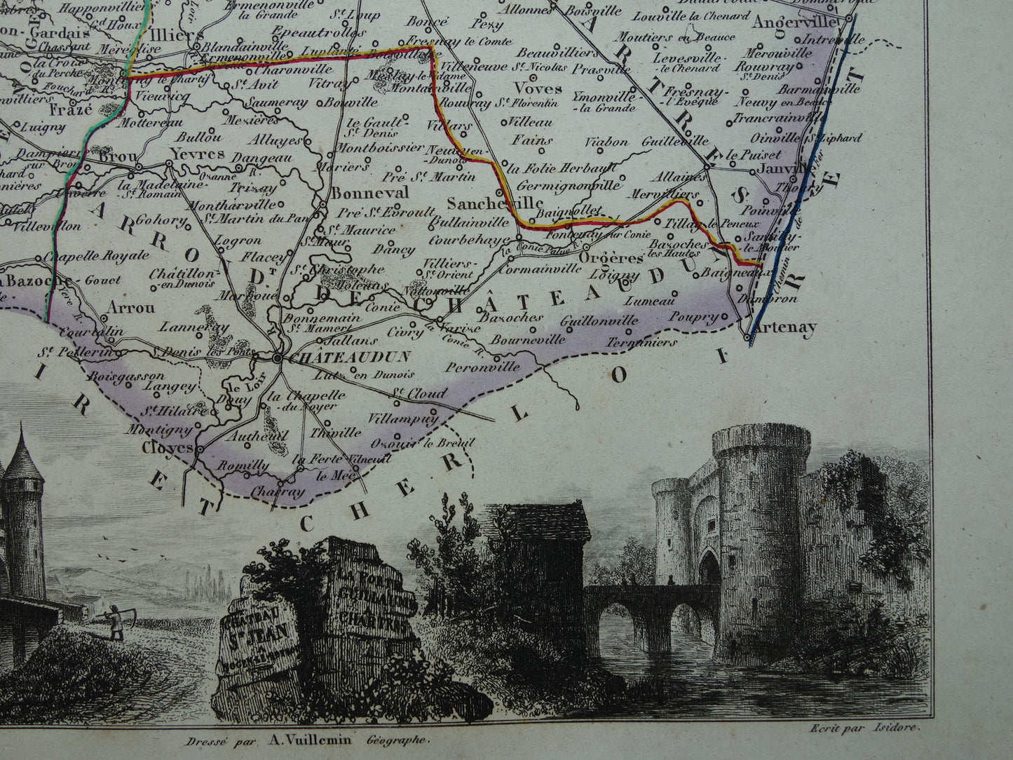 Oude kaart van Eure et Loir departement in Frankrijk uit 1851 originele antieke landkaart Chartres Chateau Saint Jean Nogent-le-Rotrou historische kaarten