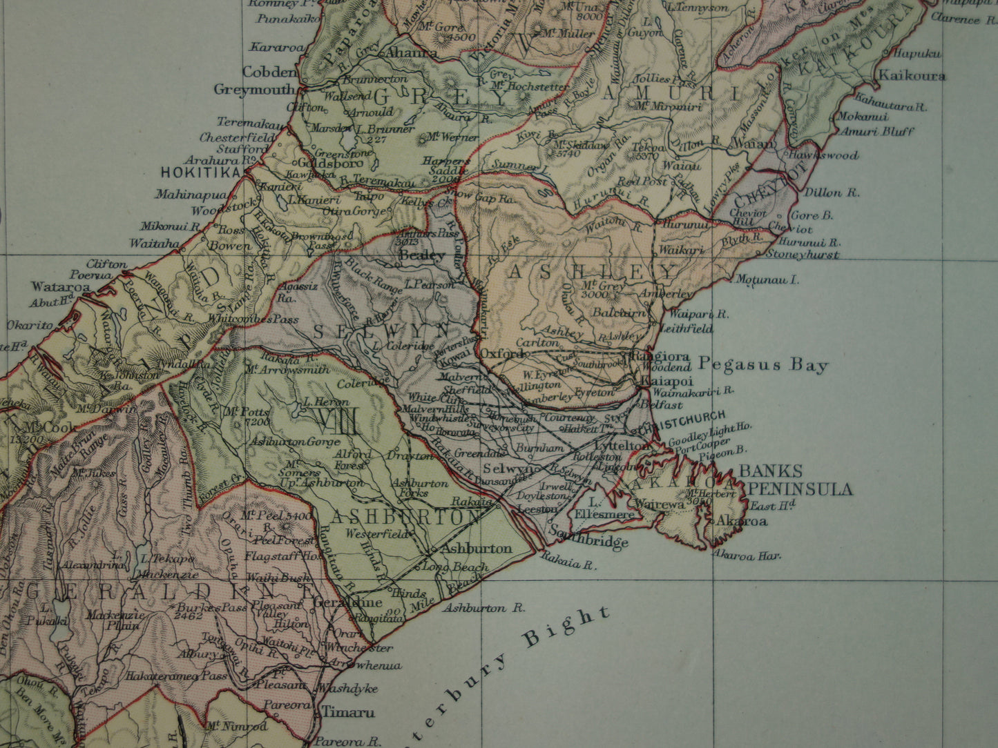 Oude landkaart van Nieuw-Zeeland uit 1890 Mooie origineel antieke kaart New Zealand Vintage landkaarten