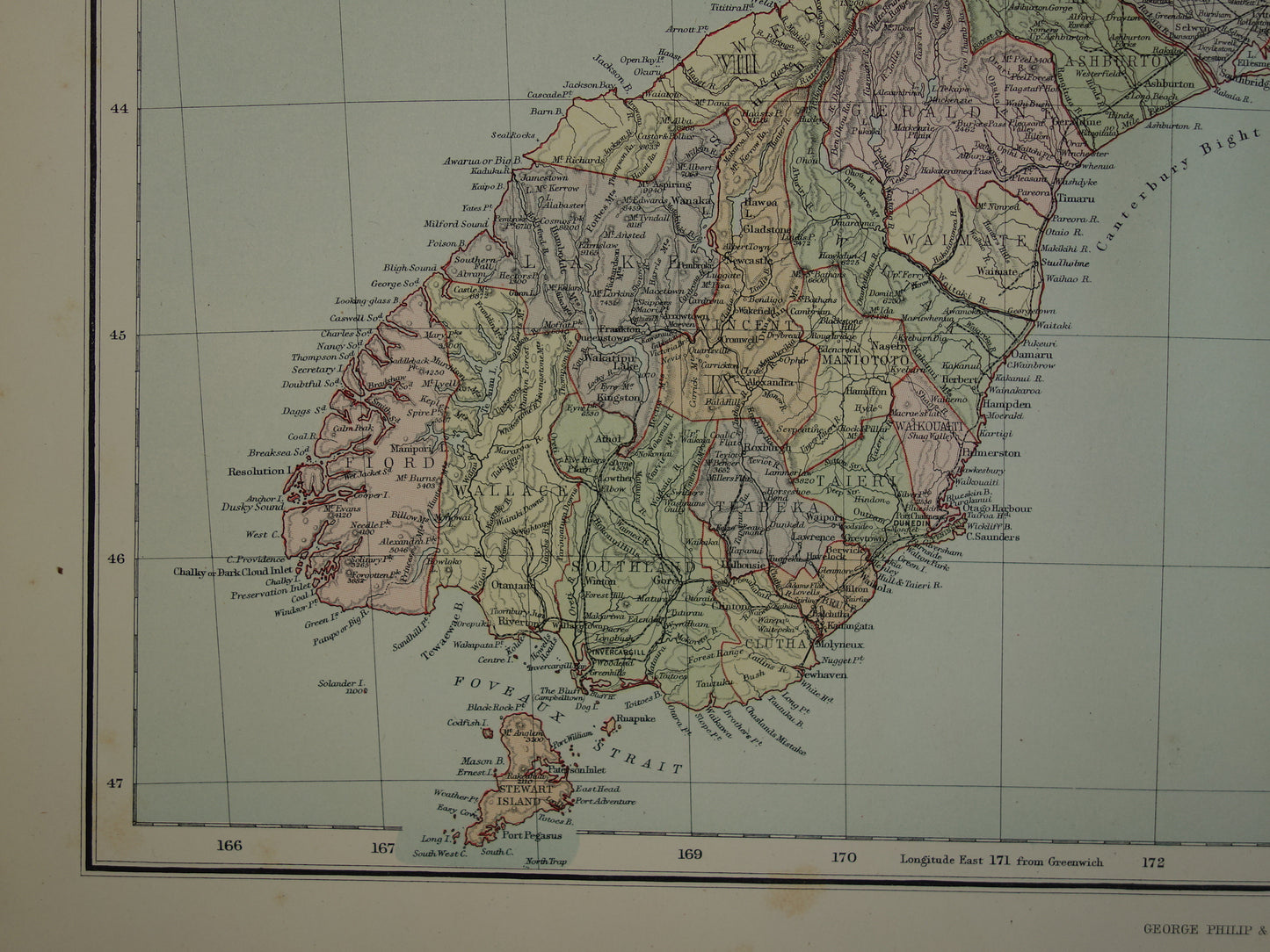 Oude landkaart van Nieuw-Zeeland uit 1890 Mooie origineel antieke kaart New Zealand Vintage landkaarten
