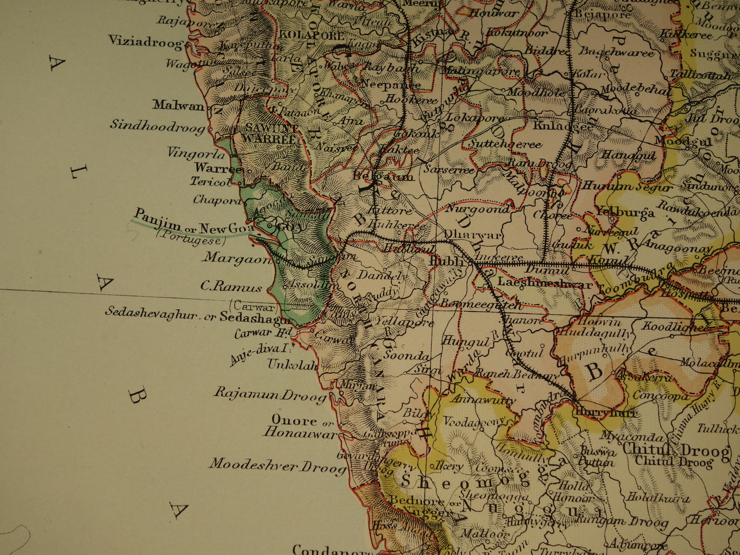 Oude landkaart van Zuid-India en Myanmar uit 1890 originele Engelse antieke poster Malediven Birma Vintage grote kaart Delhi