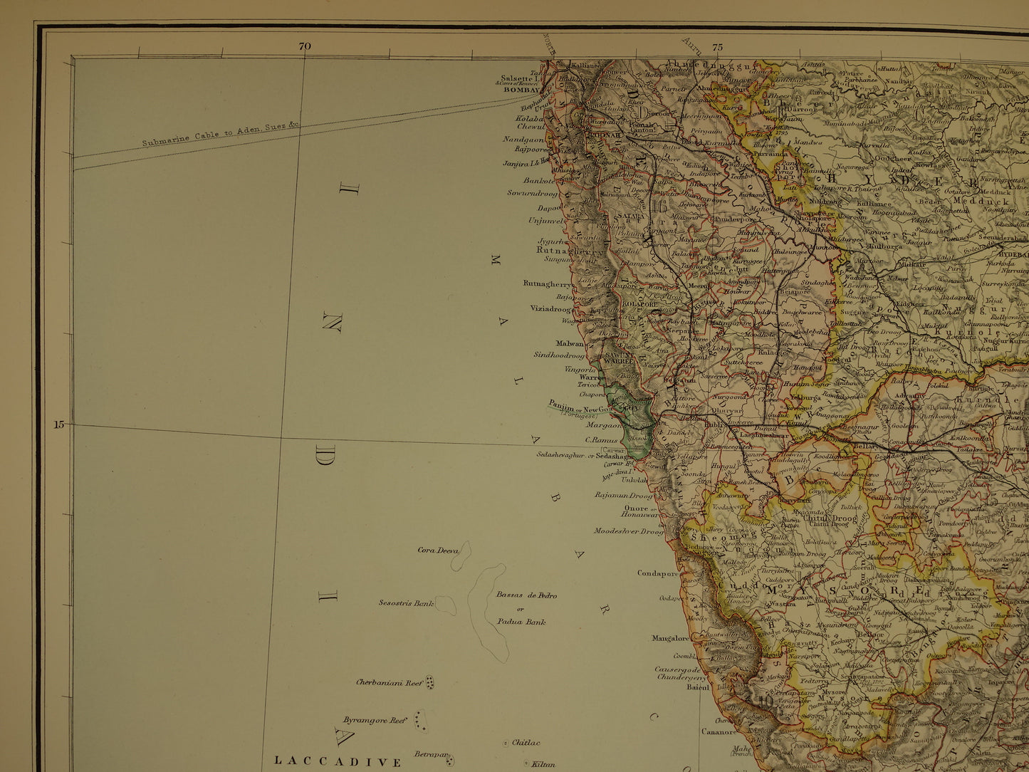 Oude landkaart van Zuid-India en Myanmar uit 1890 originele Engelse antieke poster Malediven Birma Vintage grote kaart Delhi