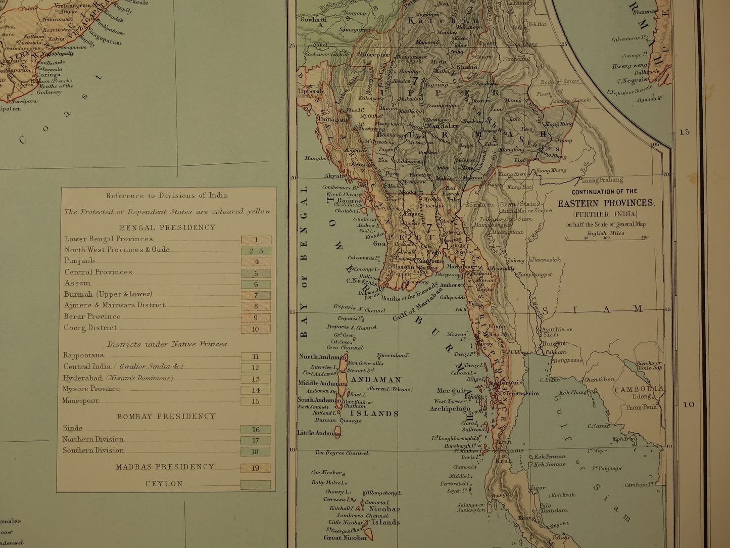 Oude landkaart van India uit 1890 originele Engelse antieke poster Brits India Vintage grote kaart Delhi