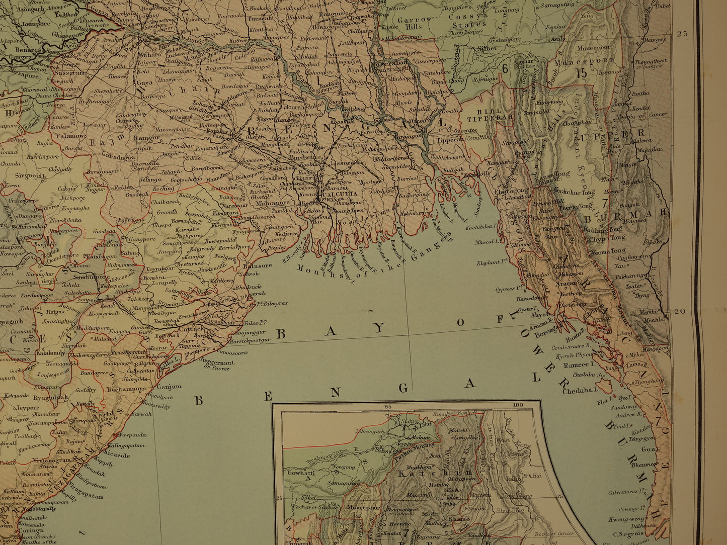 Oude landkaart van India uit 1890 originele Engelse antieke poster Brits India Vintage grote kaart Delhi