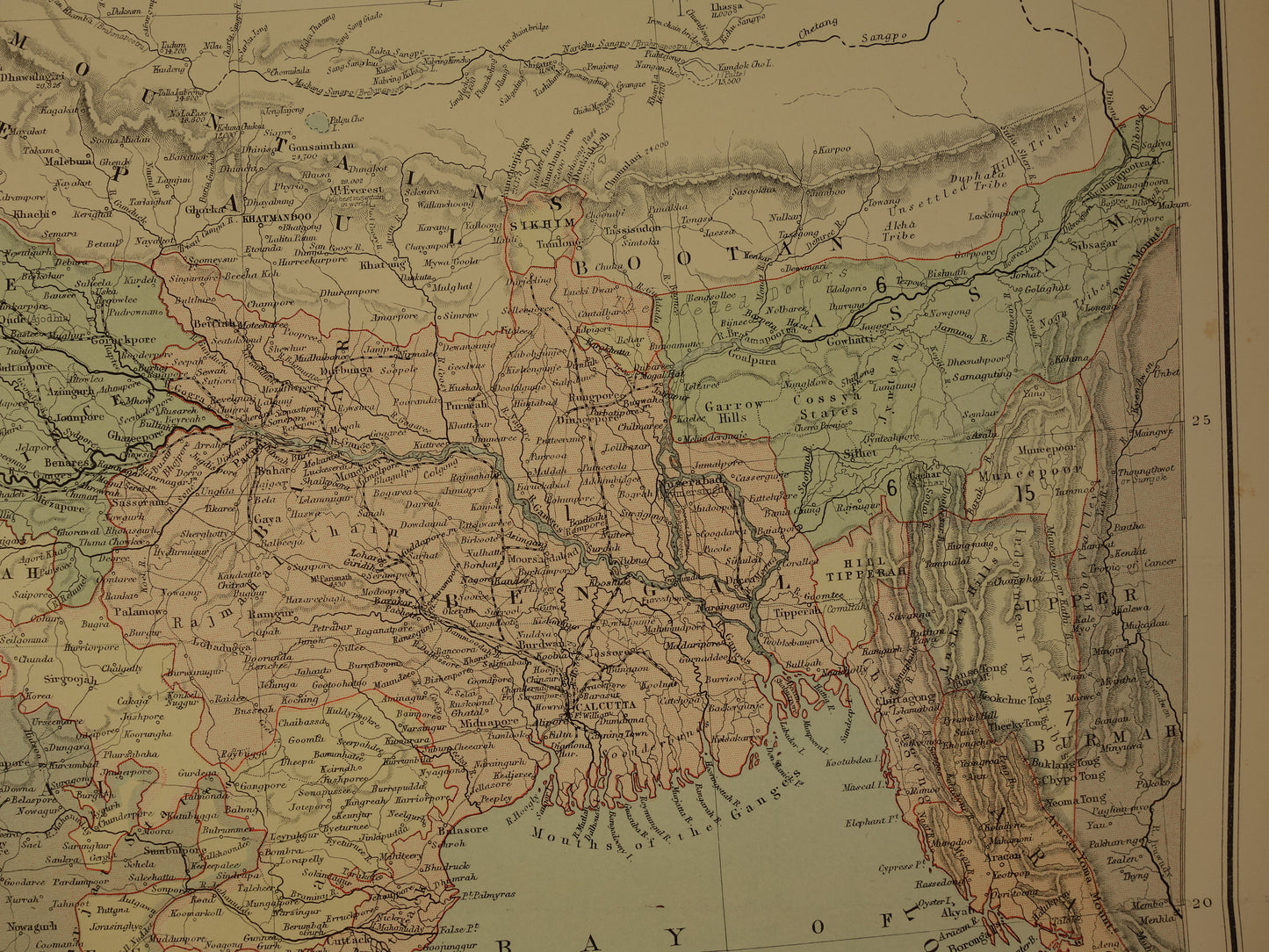 Oude landkaart van India uit 1890 originele Engelse antieke poster Brits India Vintage grote kaart Delhi