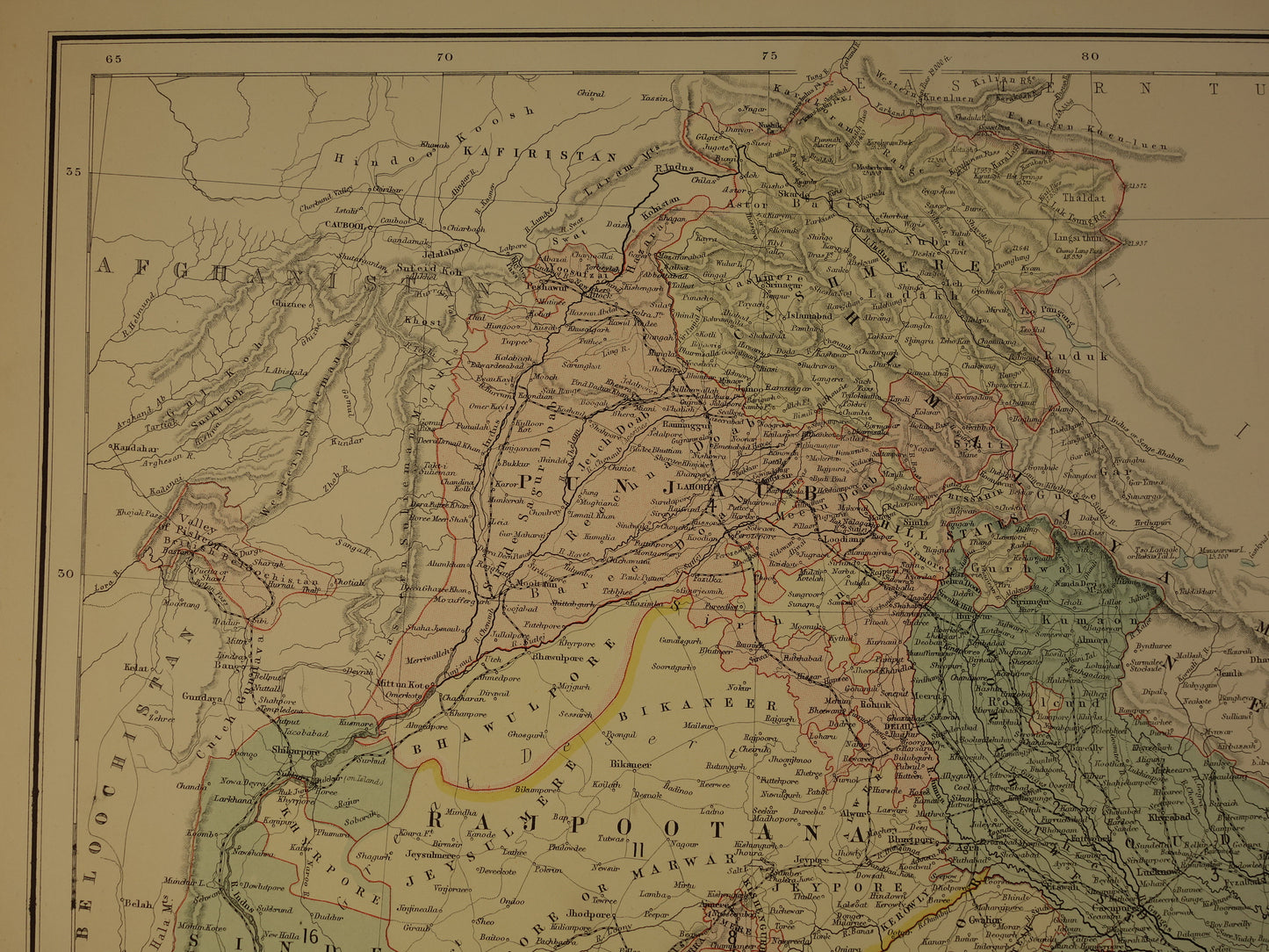 Oude landkaart van India uit 1890 originele Engelse antieke poster Brits India Vintage grote kaart Delhi