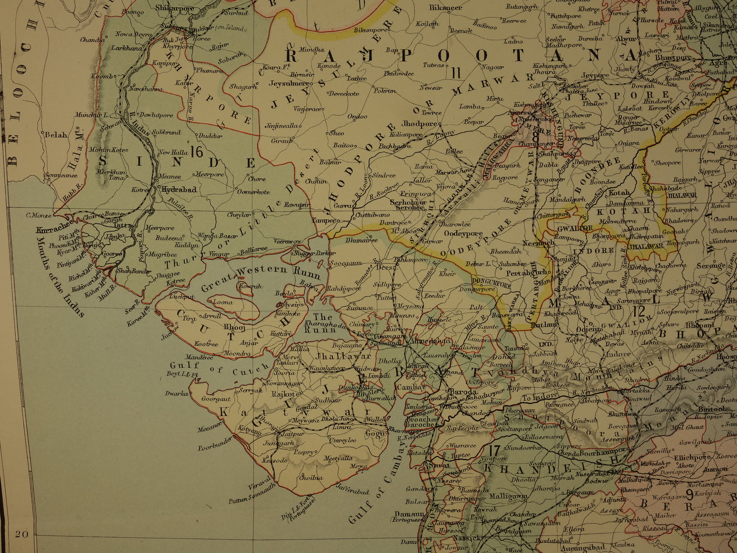 Oude landkaart van India uit 1890 originele Engelse antieke poster Brits India Vintage grote kaart Delhi