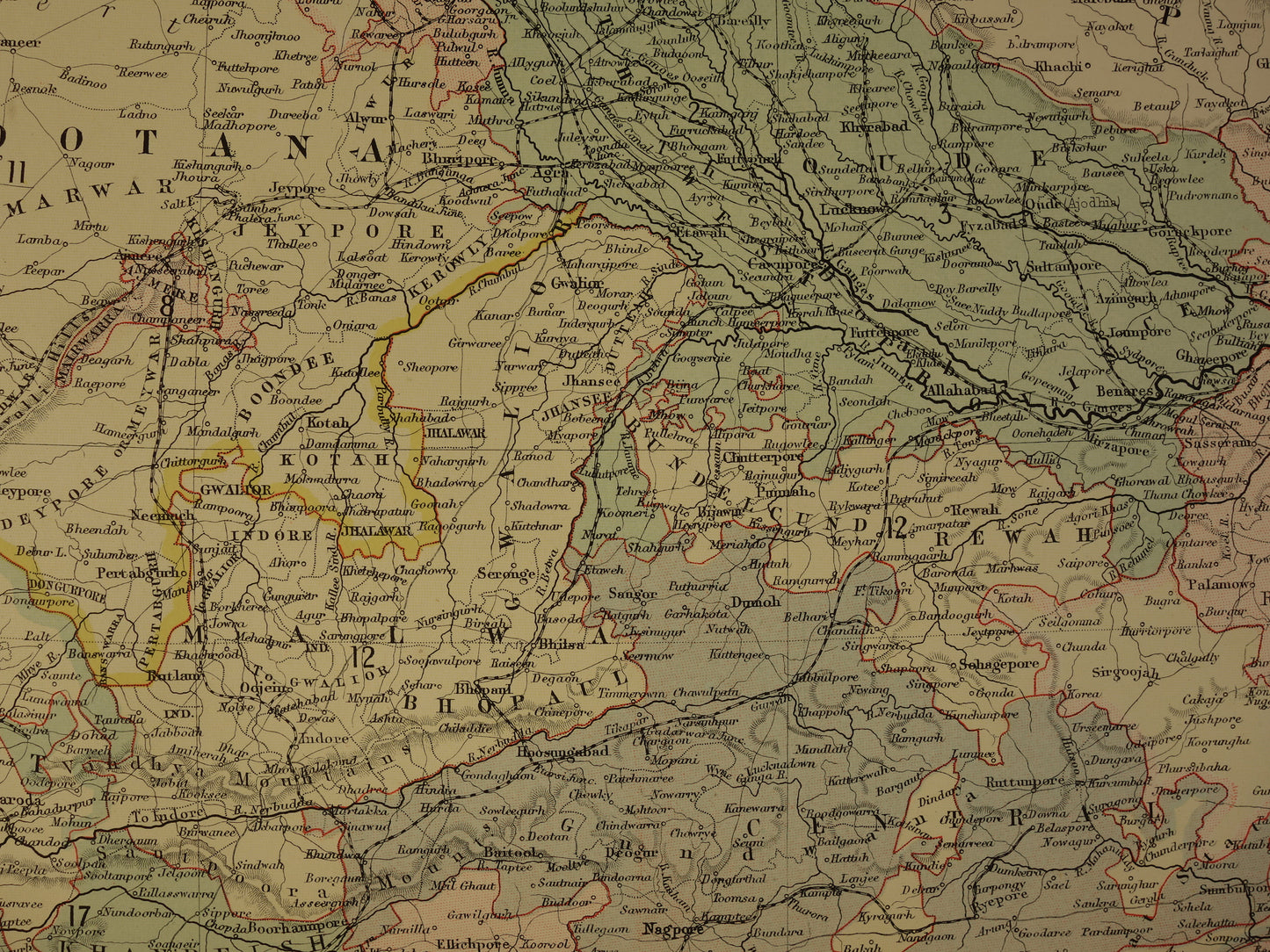 Oude landkaart van India uit 1890 originele Engelse antieke poster Brits India Vintage grote kaart Delhi