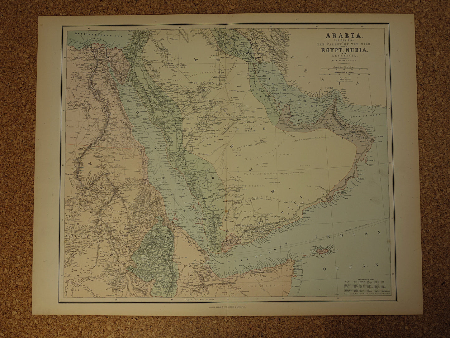 Oude landkaart van Saoedi-Arabië en Egypte uit 1890 originele Engelse antieke vintage kaart Riyad Djedda