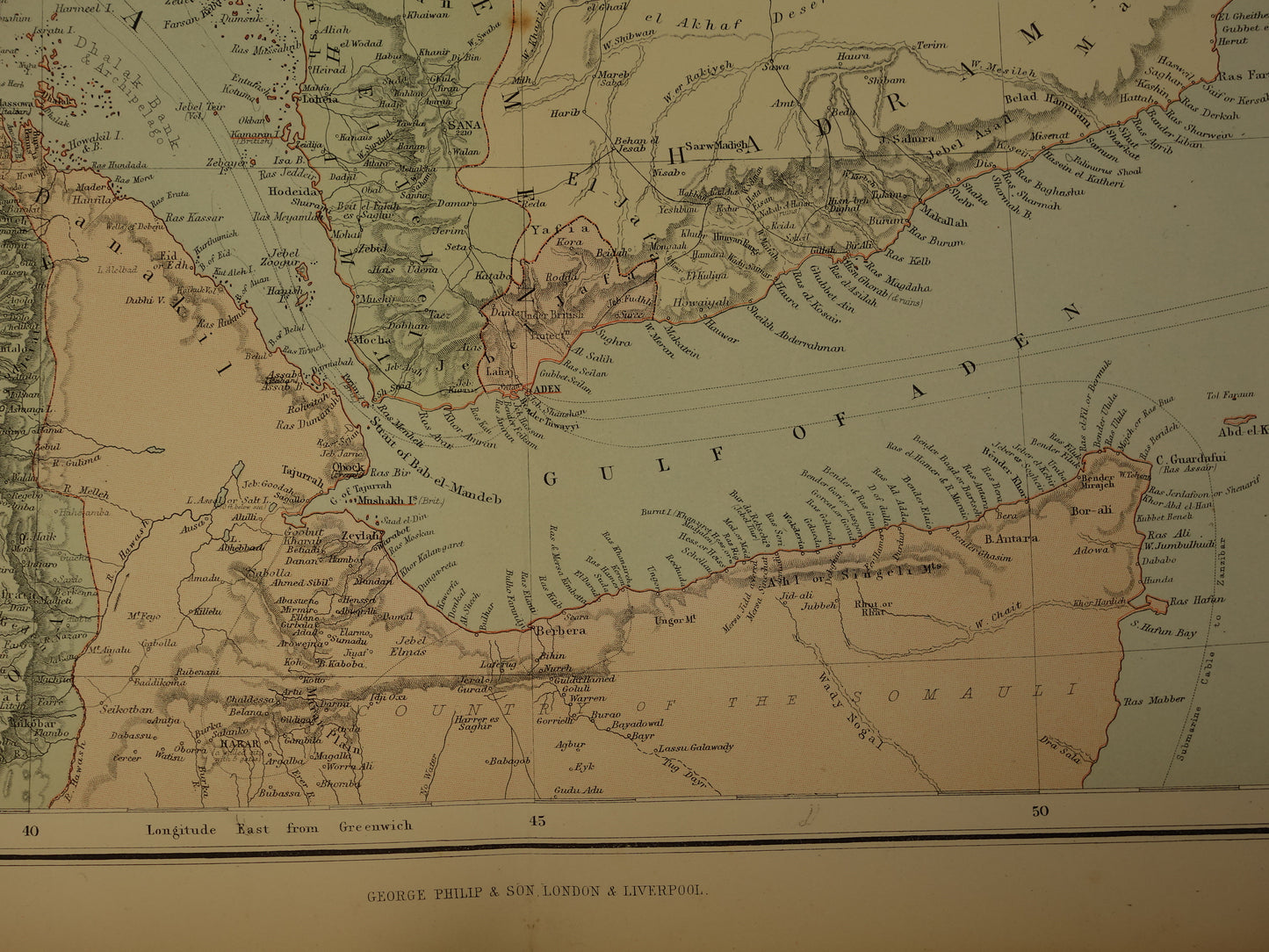 Oude landkaart van Saoedi-Arabië en Egypte uit 1890 originele Engelse antieke vintage kaart Riyad Djedda