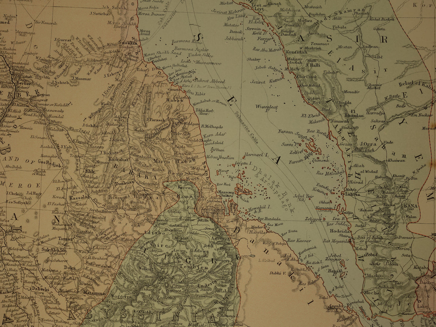 Oude landkaart van Saoedi-Arabië en Egypte uit 1890 originele Engelse antieke vintage kaart Riyad Djedda