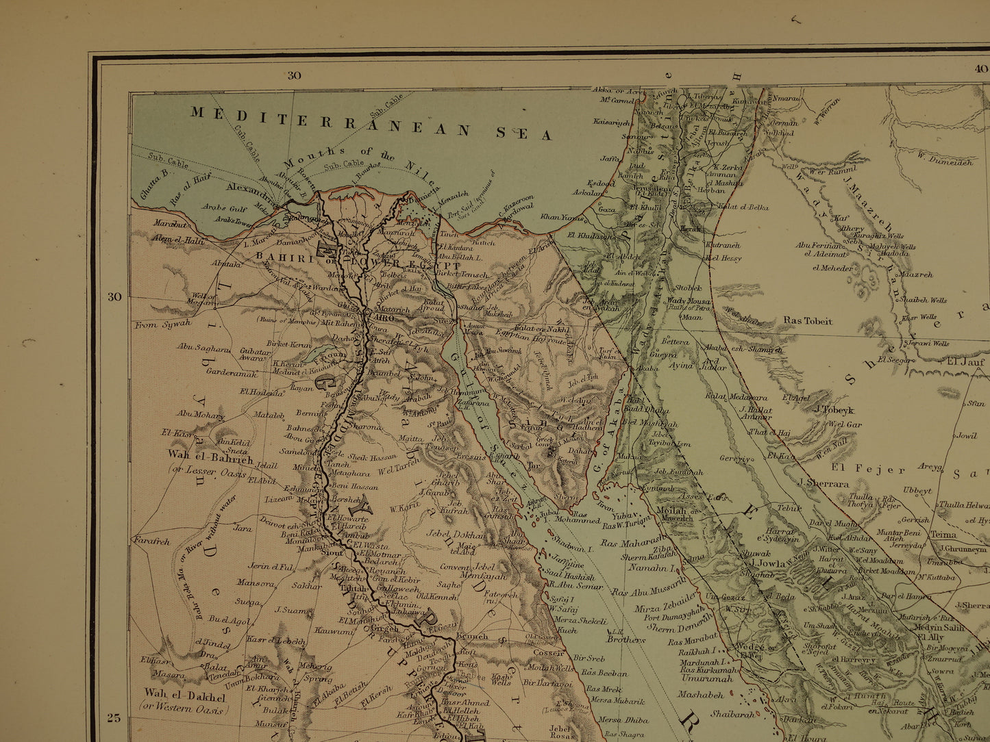 Oude landkaart van Saoedi-Arabië en Egypte uit 1890 originele Engelse antieke vintage kaart Riyad Djedda