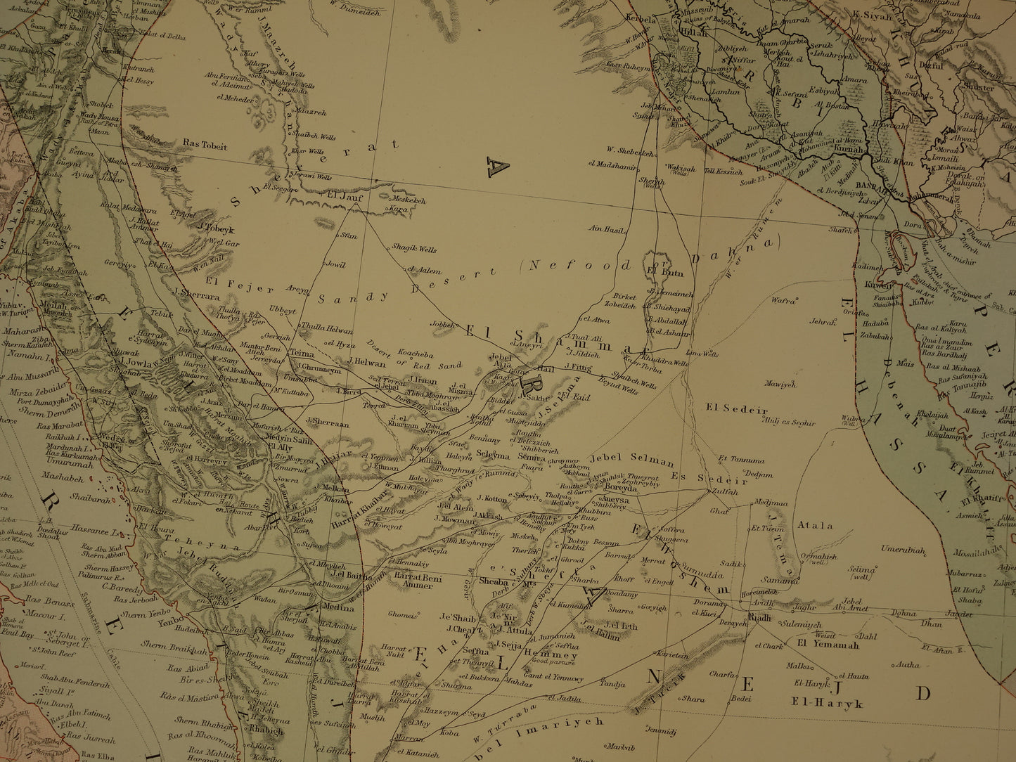 Oude landkaart van Saoedi-Arabië en Egypte uit 1890 originele Engelse antieke vintage kaart Riyad Djedda