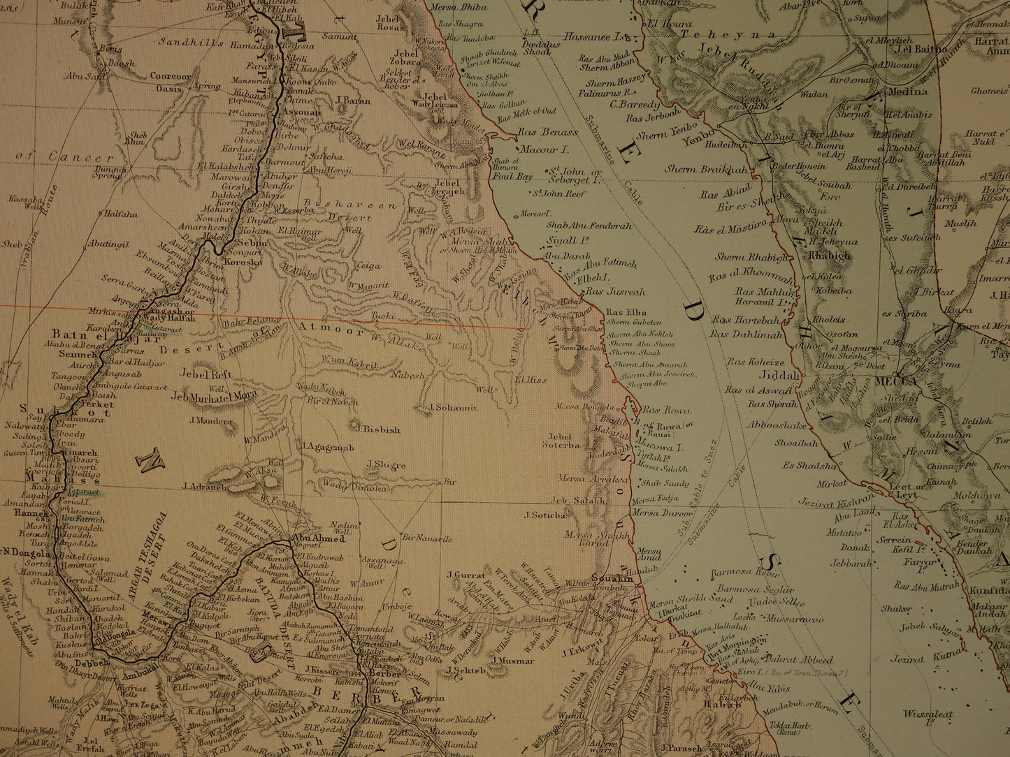 Oude landkaart van Saoedi-Arabië en Egypte uit 1890 originele Engelse antieke vintage kaart Riyad Djedda