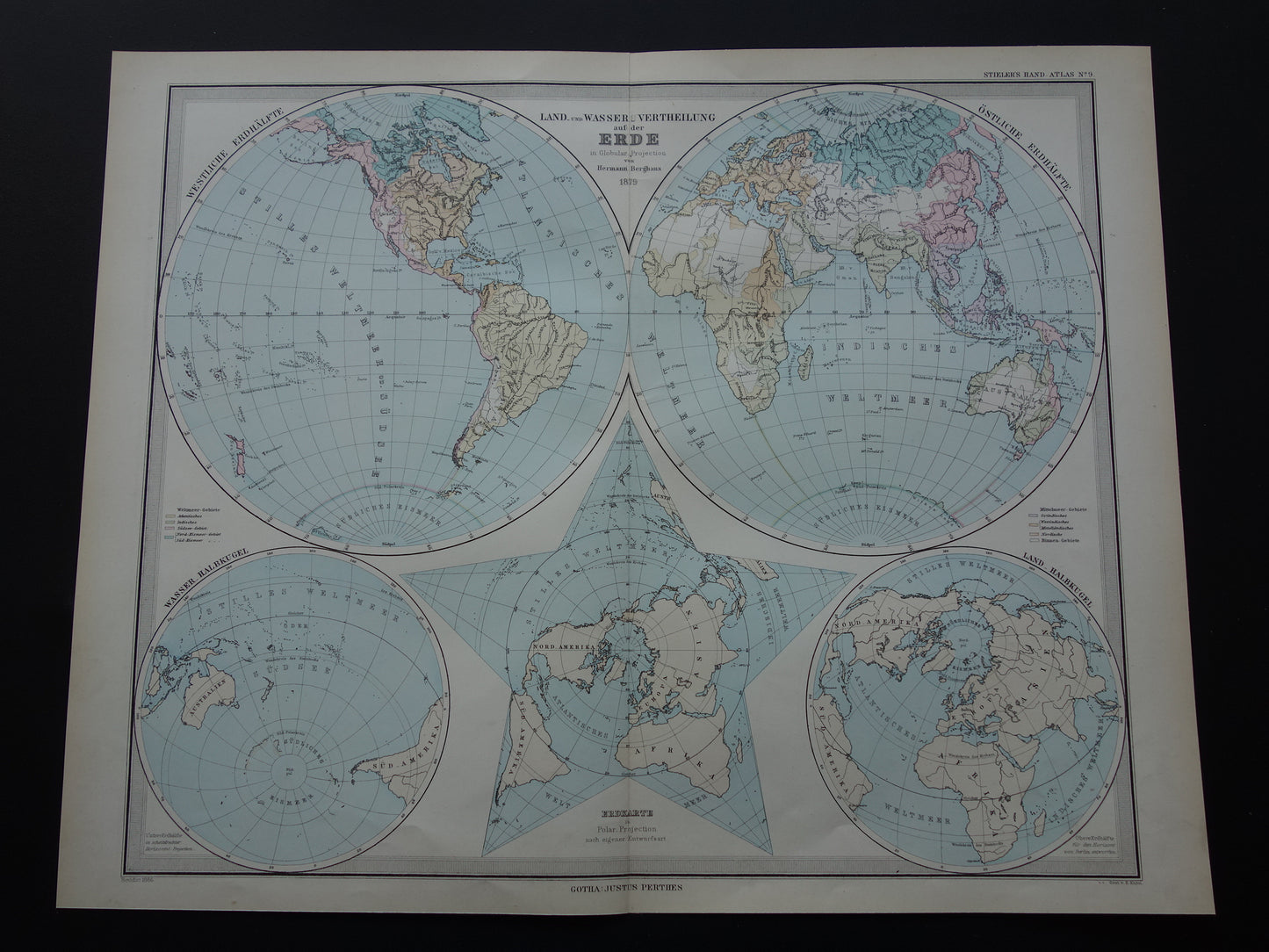 Antieke WERELDKAART grote oude kaart van de Wereld uit 1886 met dubbele hemisfeer originele vintage landkaart oceanen grootste landmassa met datum
