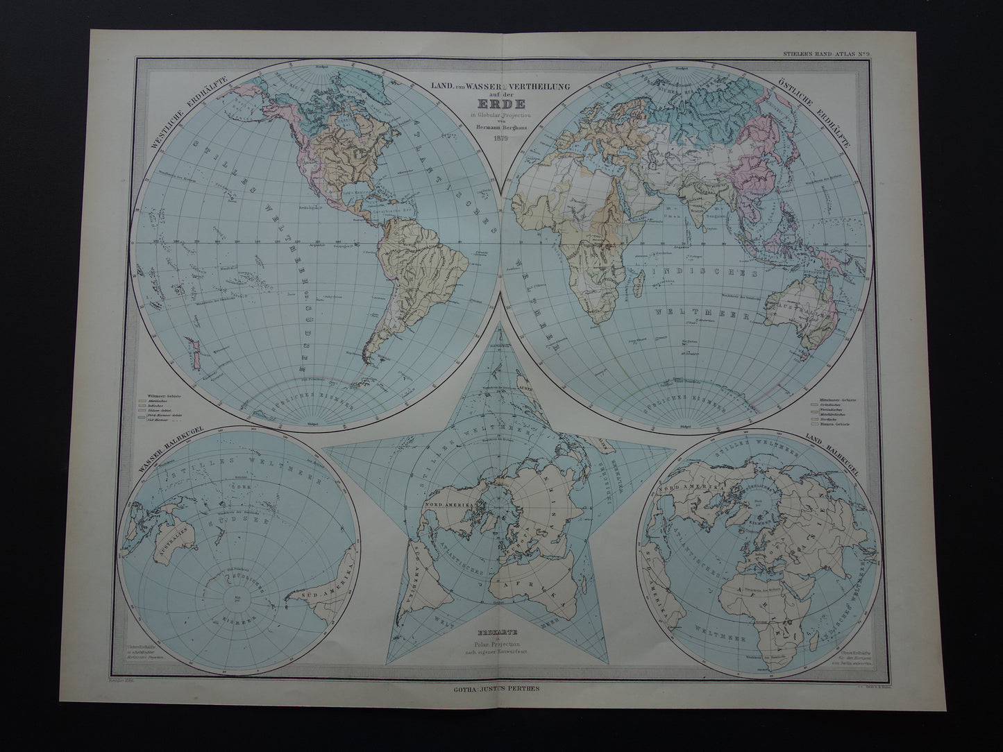 Antieke WERELDKAART grote oude kaart van de Wereld uit 1886 met dubbele hemisfeer originele vintage landkaart oceanen grootste landmassa met datum