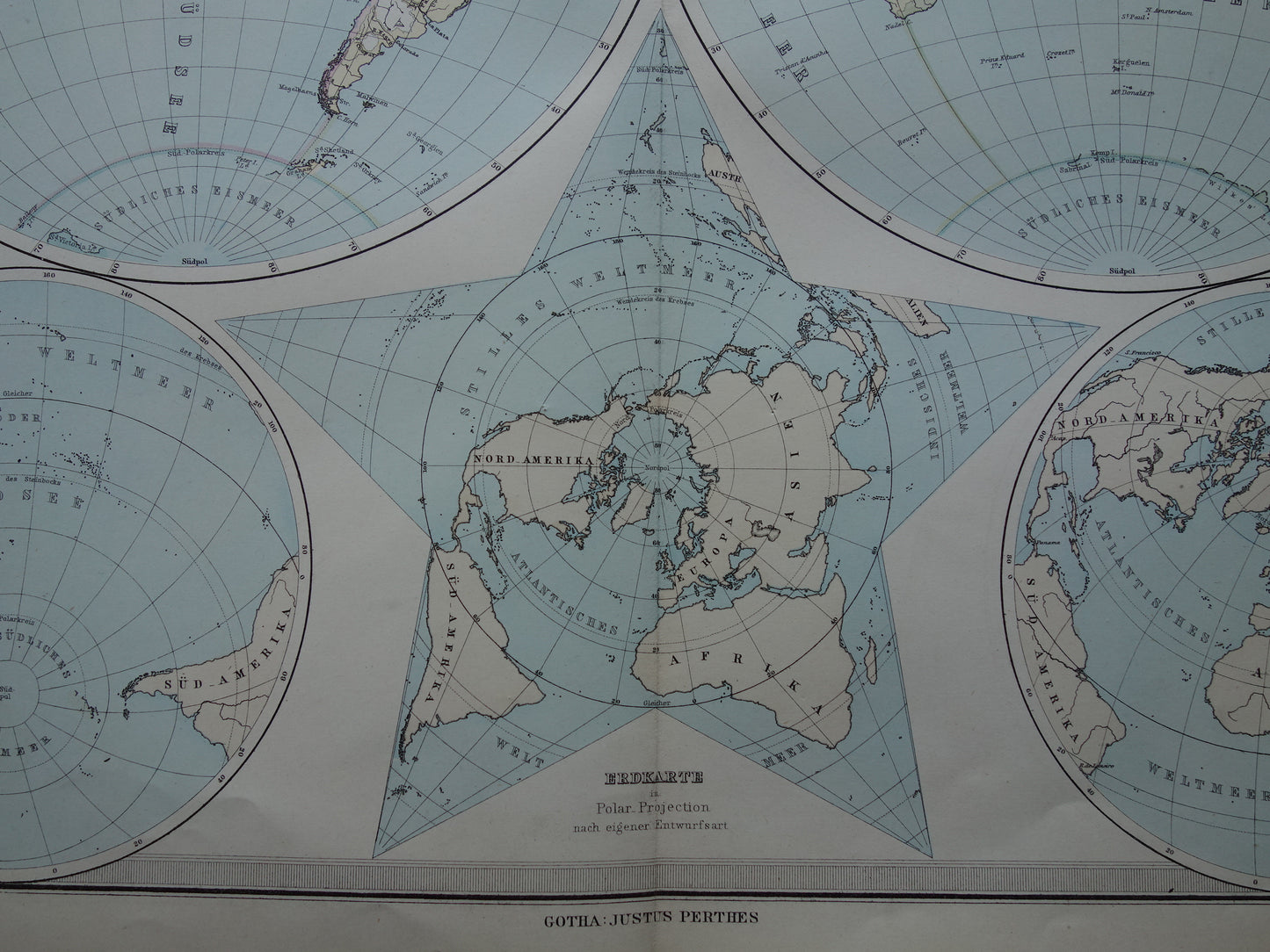 Antieke WERELDKAART grote oude kaart van de Wereld uit 1886 met dubbele hemisfeer originele vintage landkaart oceanen grootste landmassa met datum