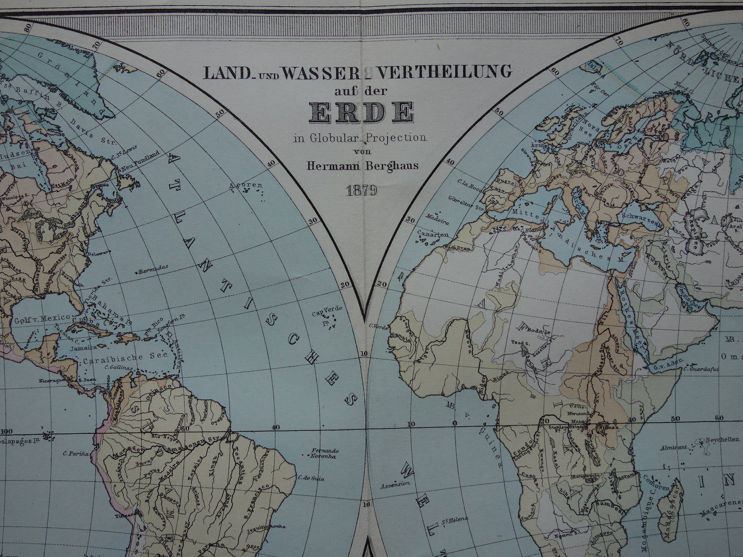 Antieke WERELDKAART grote oude kaart van de Wereld uit 1886 met dubbele hemisfeer originele vintage landkaart oceanen grootste landmassa met datum