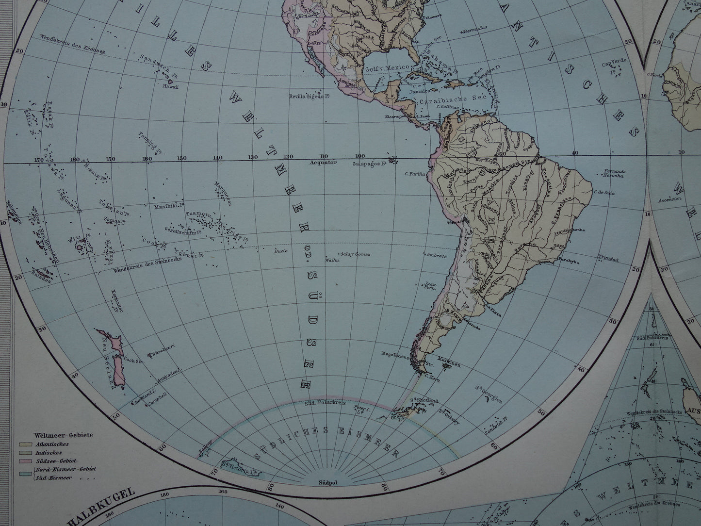 Antieke WERELDKAART grote oude kaart van de Wereld uit 1886 met dubbele hemisfeer originele vintage landkaart oceanen grootste landmassa met datum