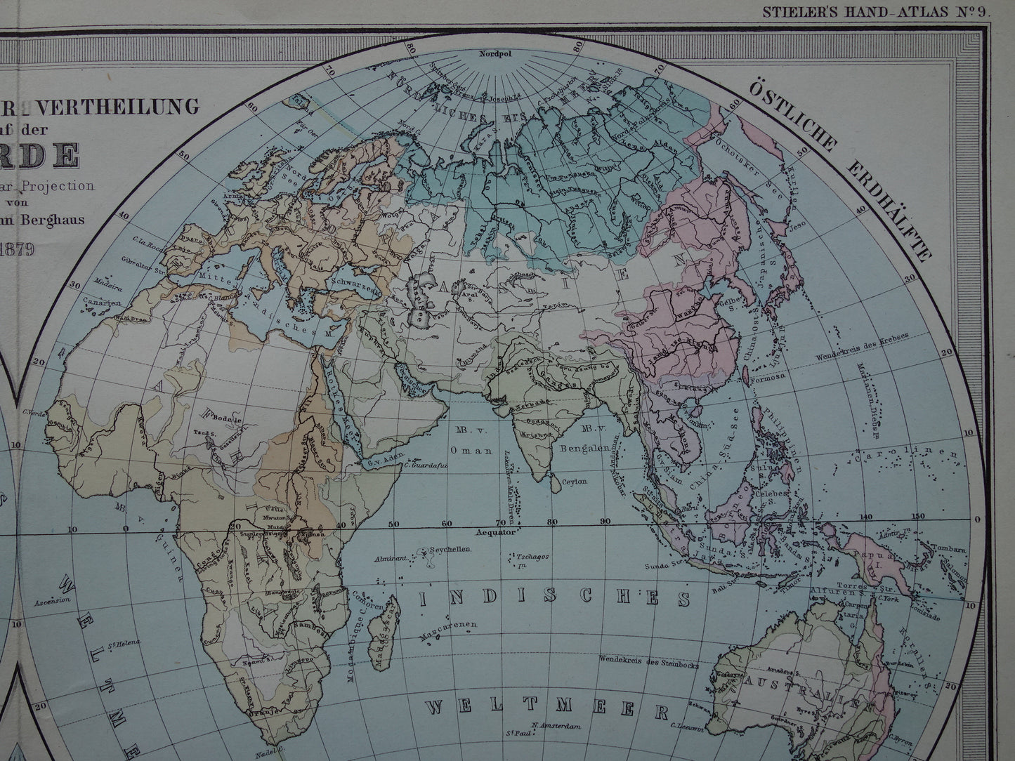 Antieke WERELDKAART grote oude kaart van de Wereld uit 1886 met dubbele hemisfeer originele vintage landkaart oceanen grootste landmassa met datum