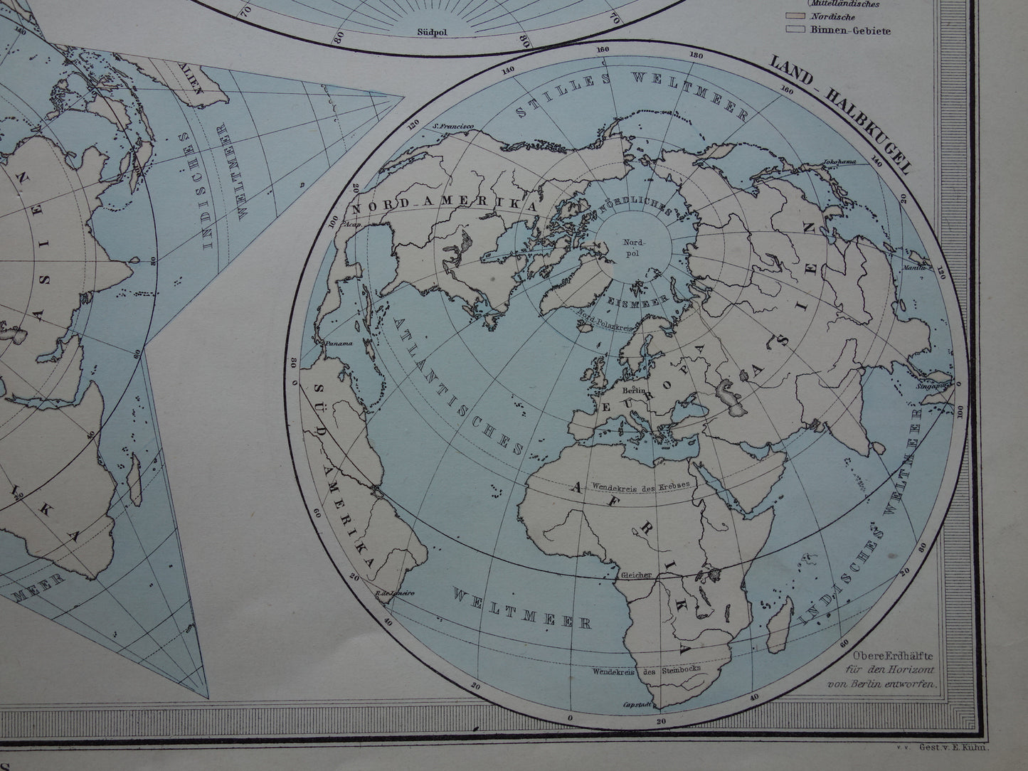 Antieke WERELDKAART grote oude kaart van de Wereld uit 1886 met dubbele hemisfeer originele vintage landkaart oceanen grootste landmassa met datum