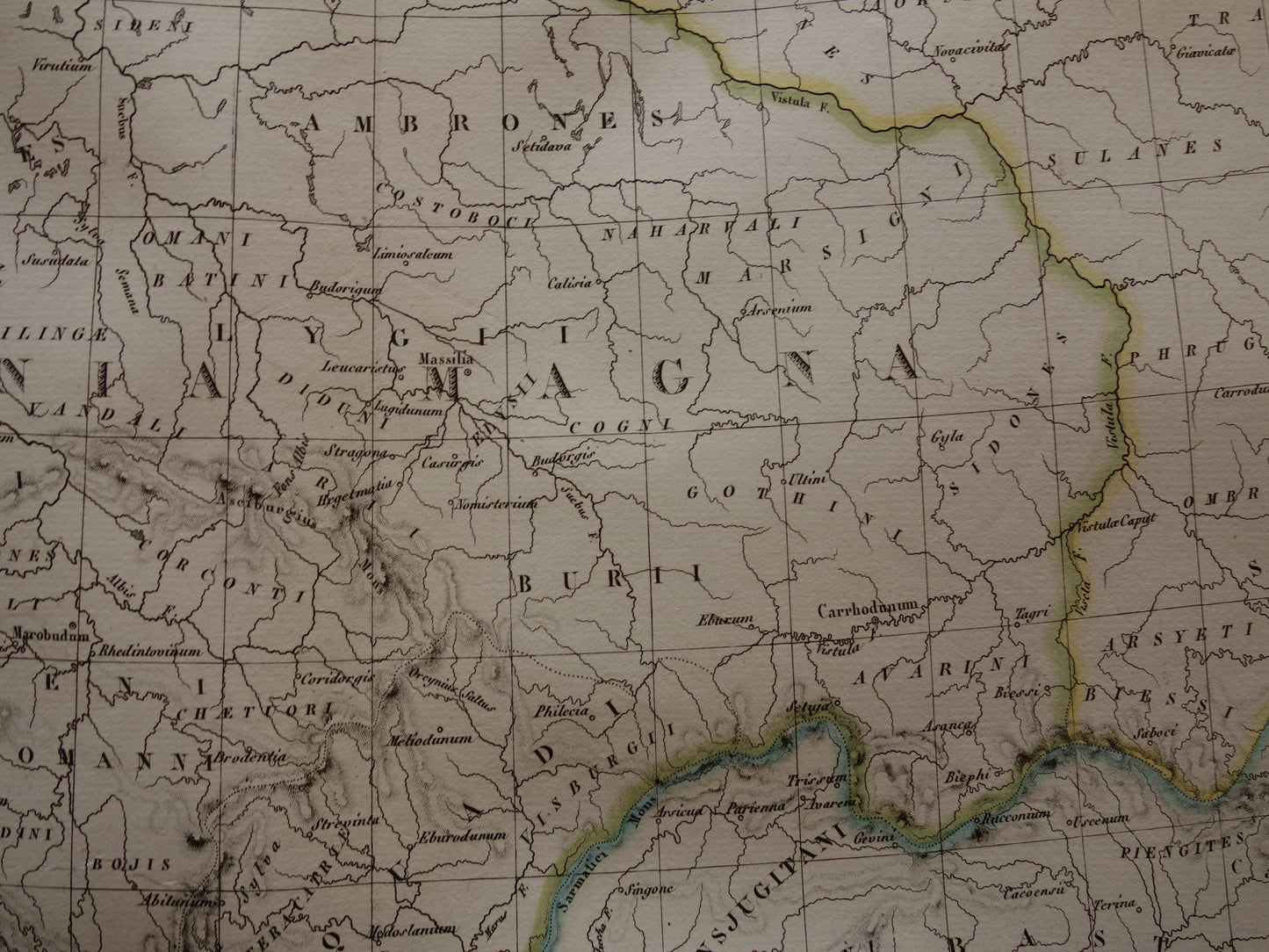 Germanië oude historische landkaart van Duitsland en centraal Europa in klassieke oudheid 1830 originele antieke kaart Dacia Magna Germania