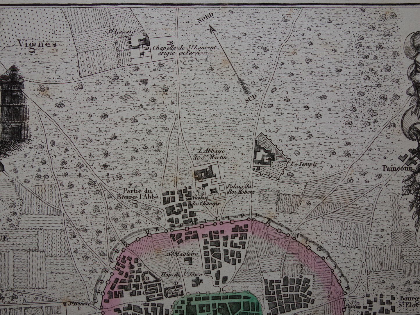 170+ jaar oude kaart van Parijs in het jaar 1223 Originele antieke geschiedeniskaart historische plattegrond