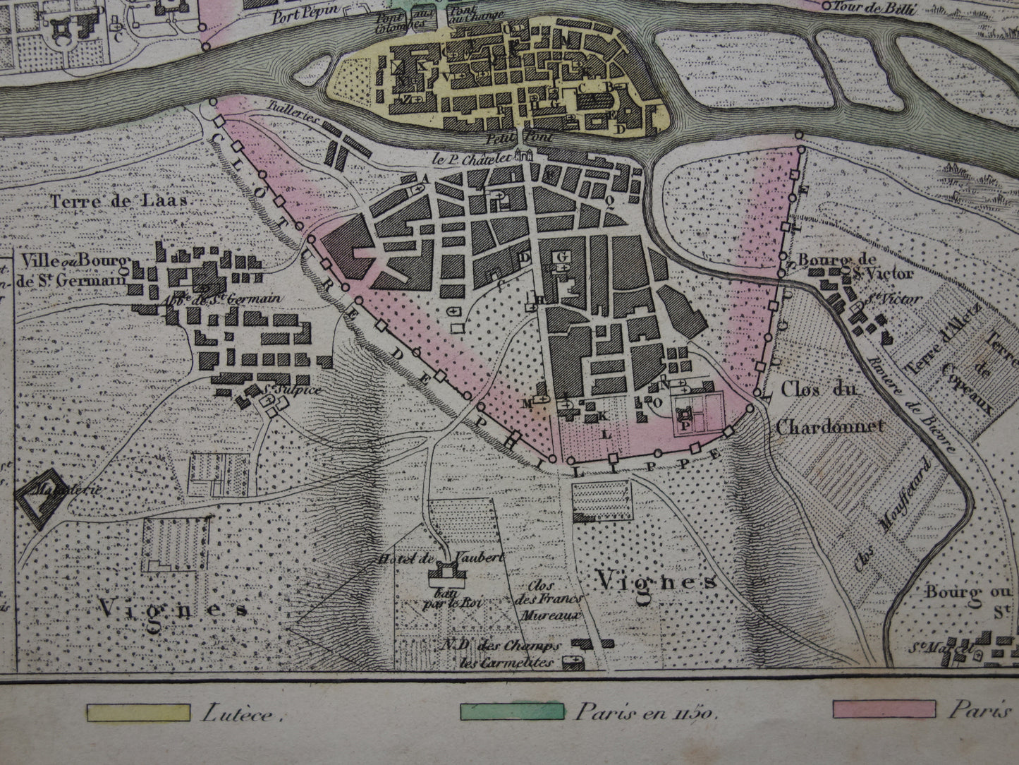 170+ jaar oude kaart van Parijs in het jaar 1223 Originele antieke geschiedeniskaart historische plattegrond