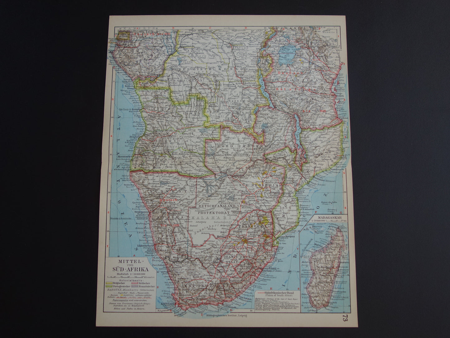 Oude kaart van Zuidelijk Afrika in 1928 originele historische landkaart van Zuid-Afrika Madagaskar Angola Namibië Botswana Tanzania Congo Mozambique Zambia