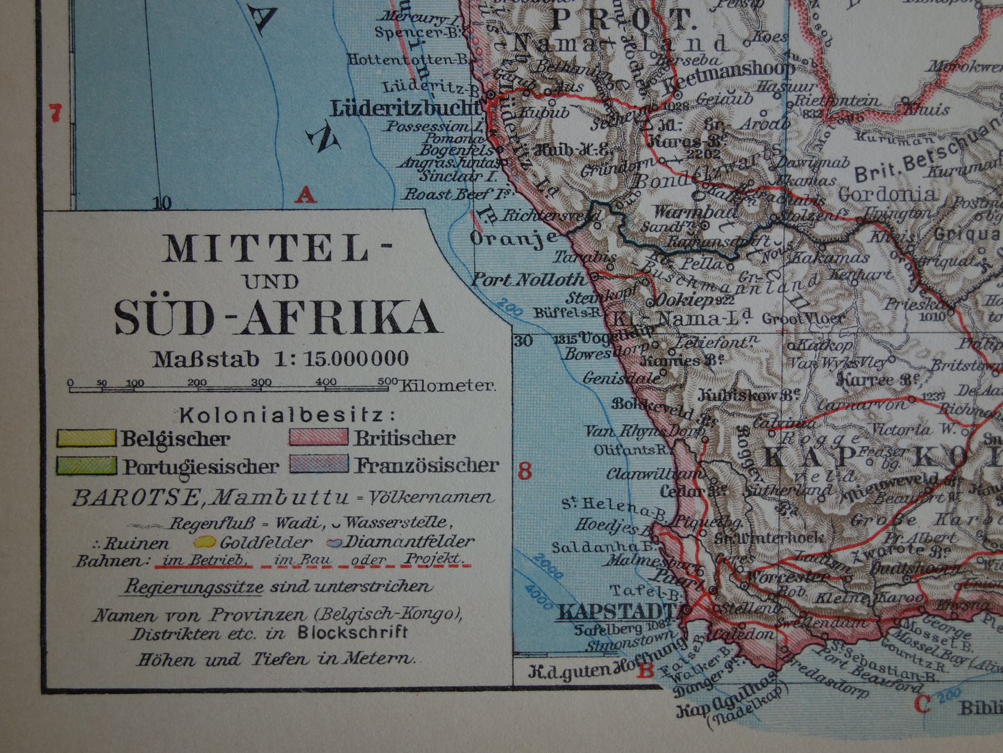 Oude kaart van Zuidelijk Afrika in 1928 originele historische landkaart van Zuid-Afrika Madagaskar Angola Namibië Botswana Tanzania Congo Mozambique Zambia