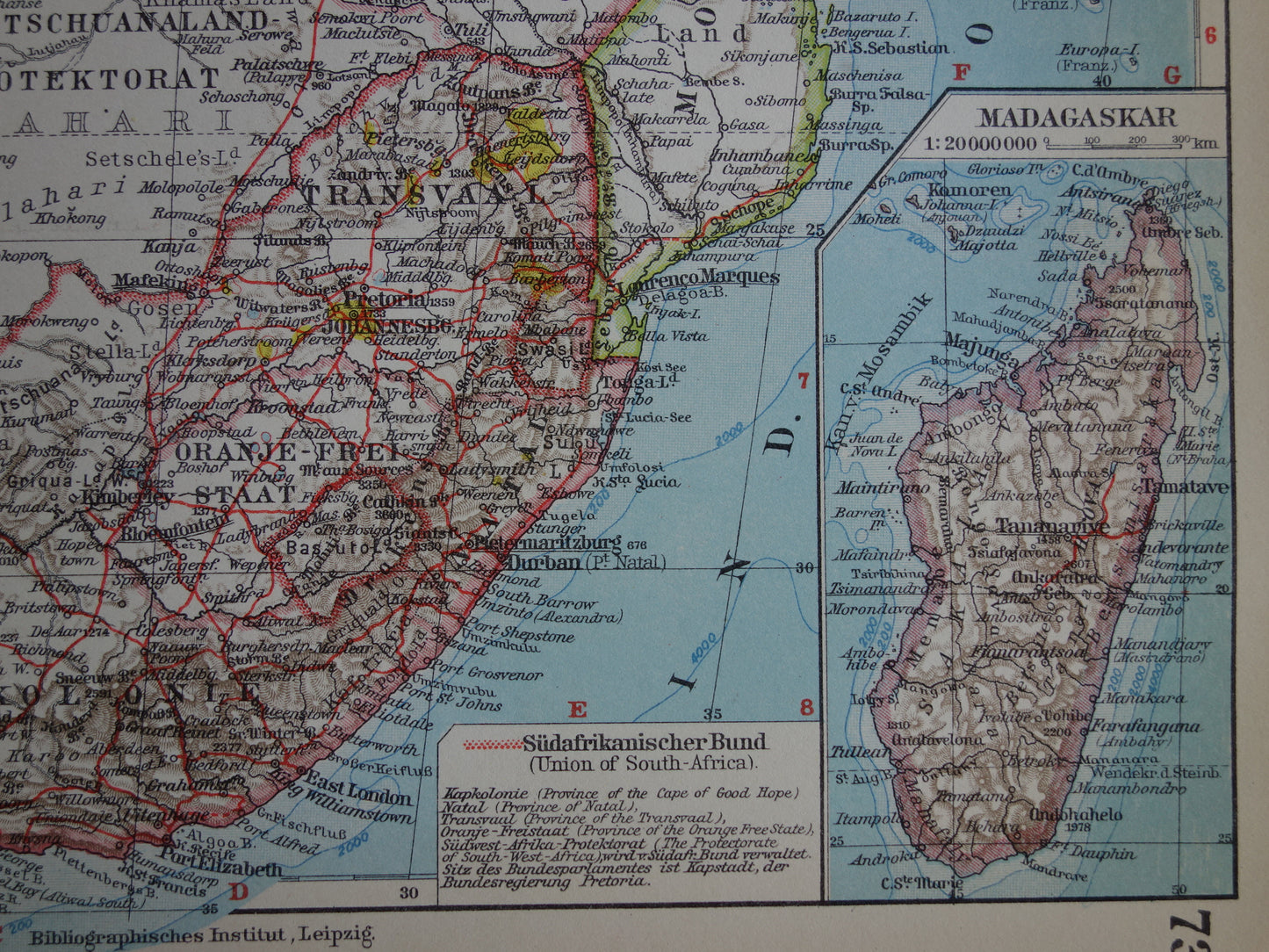 Oude kaart van Zuidelijk Afrika in 1928 originele historische landkaart van Zuid-Afrika Madagaskar Angola Namibië Botswana Tanzania Congo Mozambique Zambia